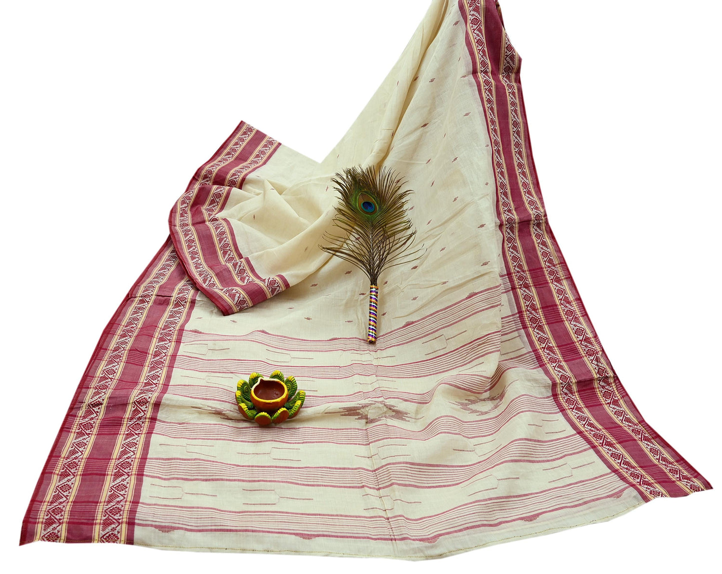 Indian Vintage Sari Ivory Pure Cotton Bengali Handloom Tant Sarees Craft Fabric 5Yd Sewing Soft Crafting Dress making Upcycle Quilting