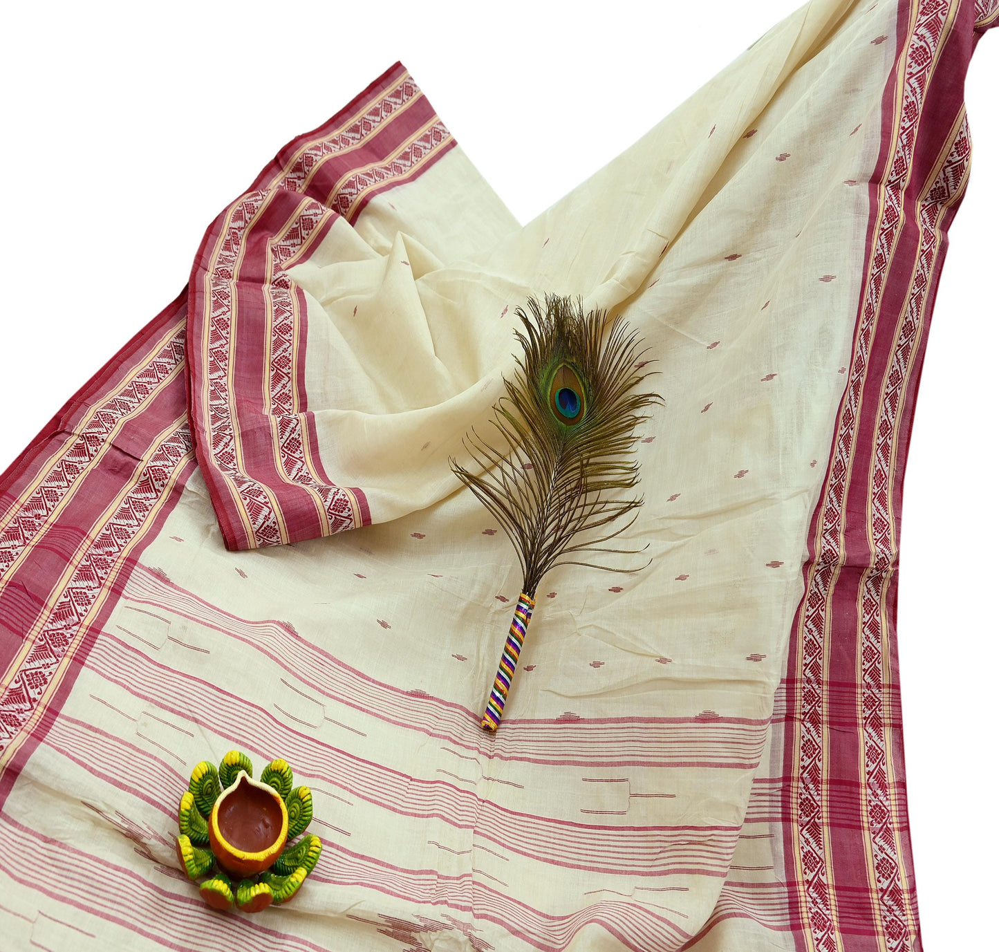 Indian Vintage Sari Ivory Pure Cotton Bengali Handloom Tant Sarees Craft Fabric 5Yd Sewing Soft Crafting Dress making Upcycle Quilting