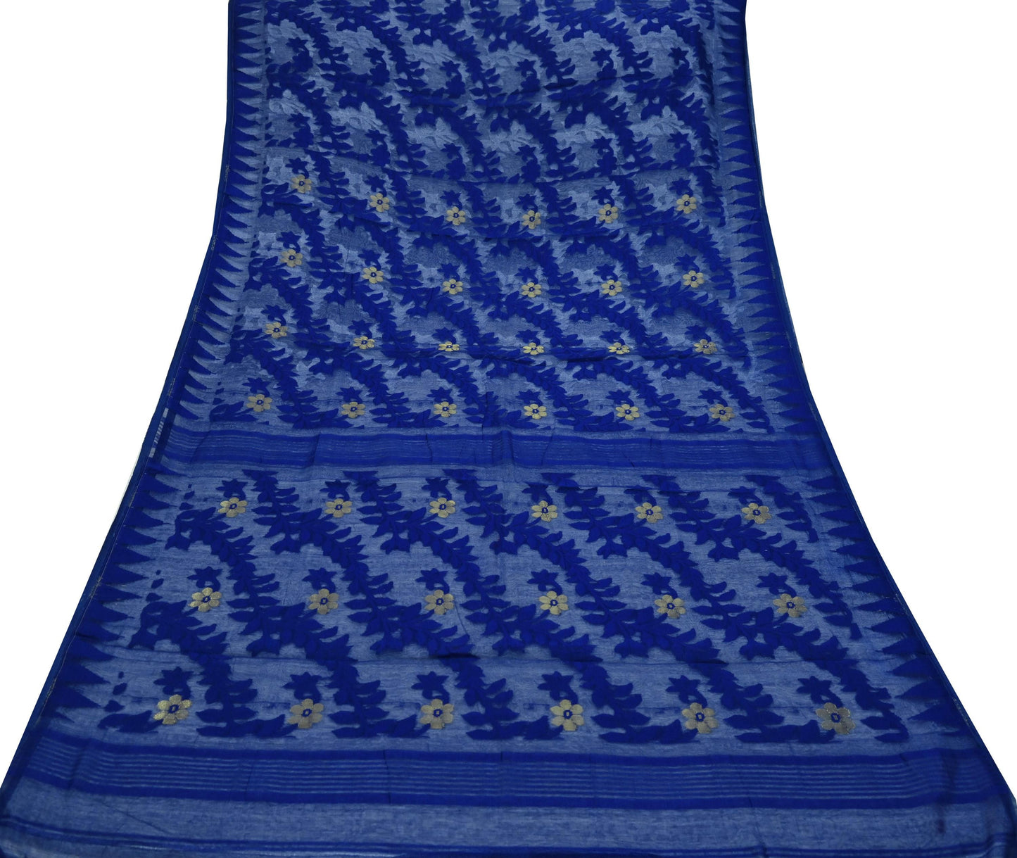 Indian Vintage Sarees White & Blue Cotton Hand Woven Jamdani Sari 5yd Ethnic Floral Craft Fabric Dress making Upcycle Crafting Quilting Zari