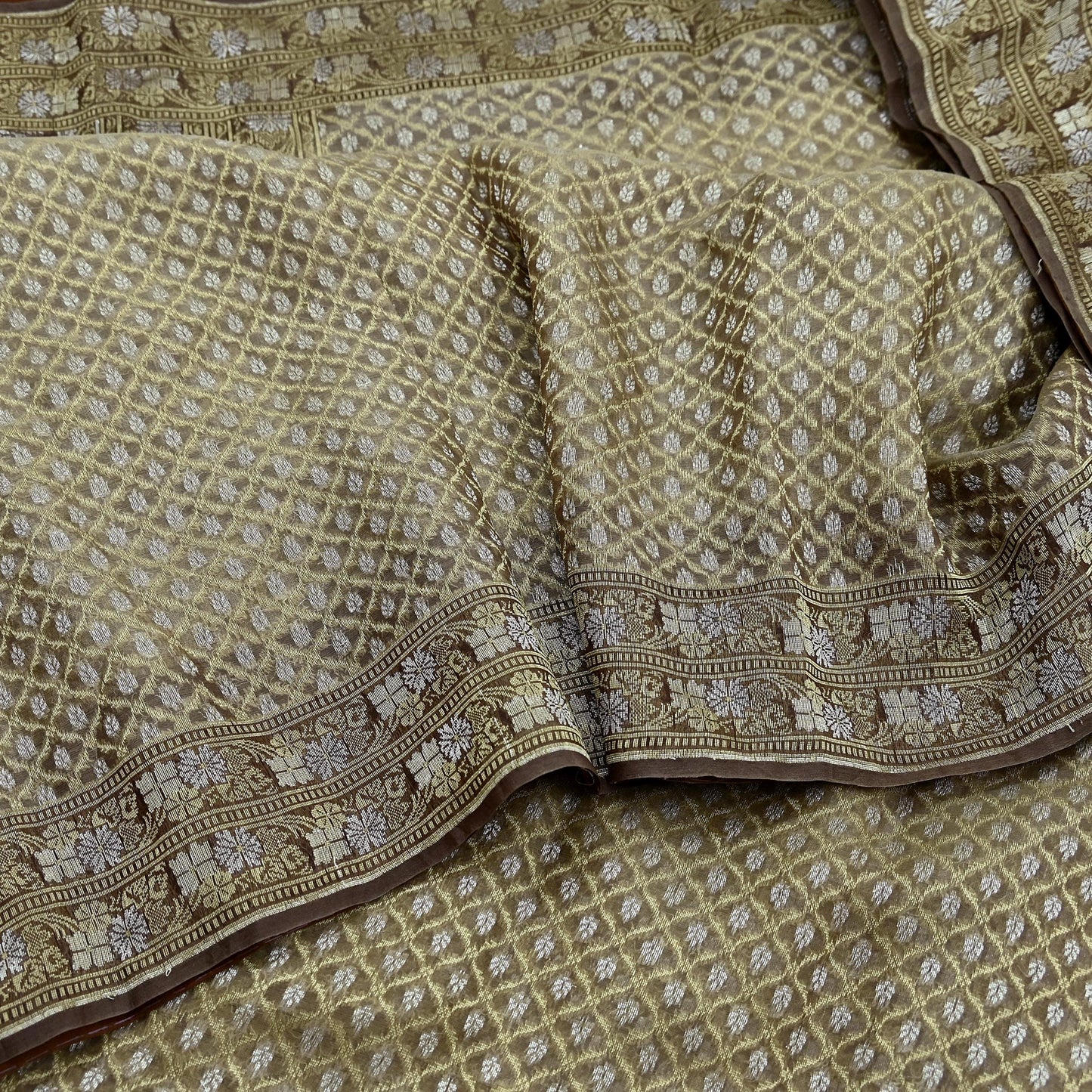 Indian Vintage Sari Brown 100% Pure Silk Hand Woven Sarees Craft Fabric 5Yd Ethnic Sewing Dress making Crafting Quilting Upcycle