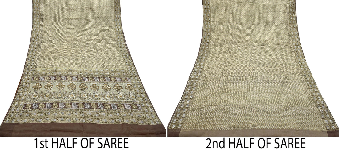 Indian Vintage Sari Brown 100% Pure Silk Hand Woven Sarees Craft Fabric 5Yd Ethnic Sewing Dress making Crafting Quilting Upcycle