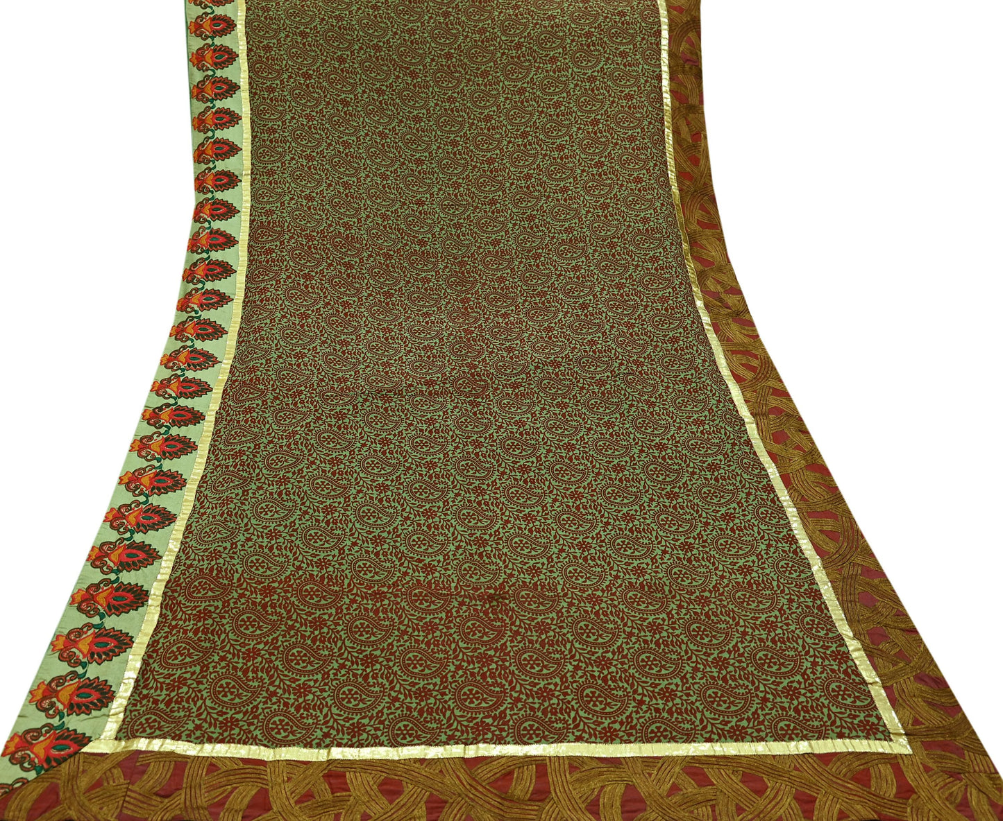 Indian Vintage Green Saree Pure Georgette Silk Hand Embroidered Sari Craft Fabric 5Yd Ethnic Soft Dress making Crafting Quilting