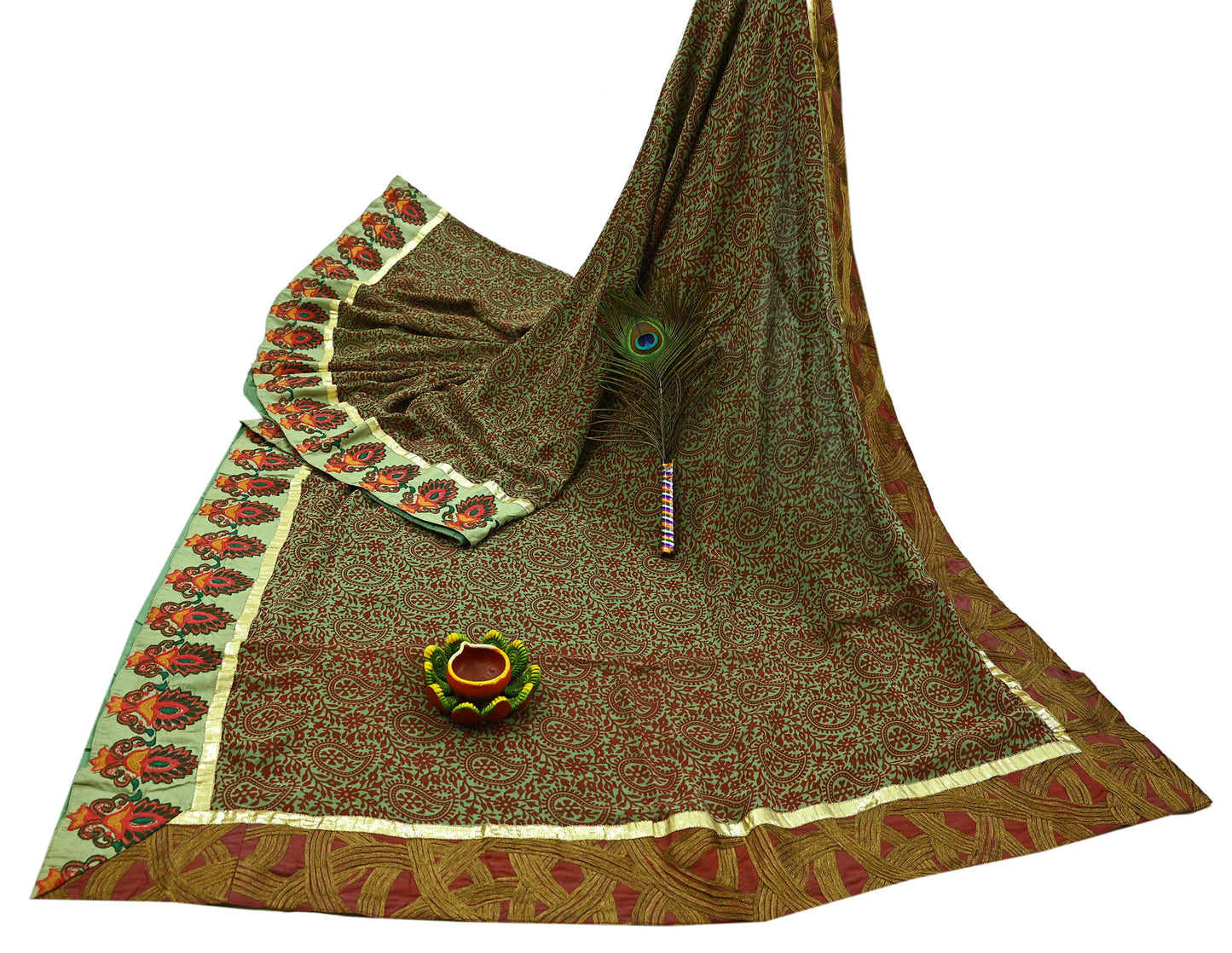 Indian Vintage Green Saree Pure Georgette Silk Hand Embroidered Sari Craft Fabric 5Yd Ethnic Soft Dress making Crafting Quilting