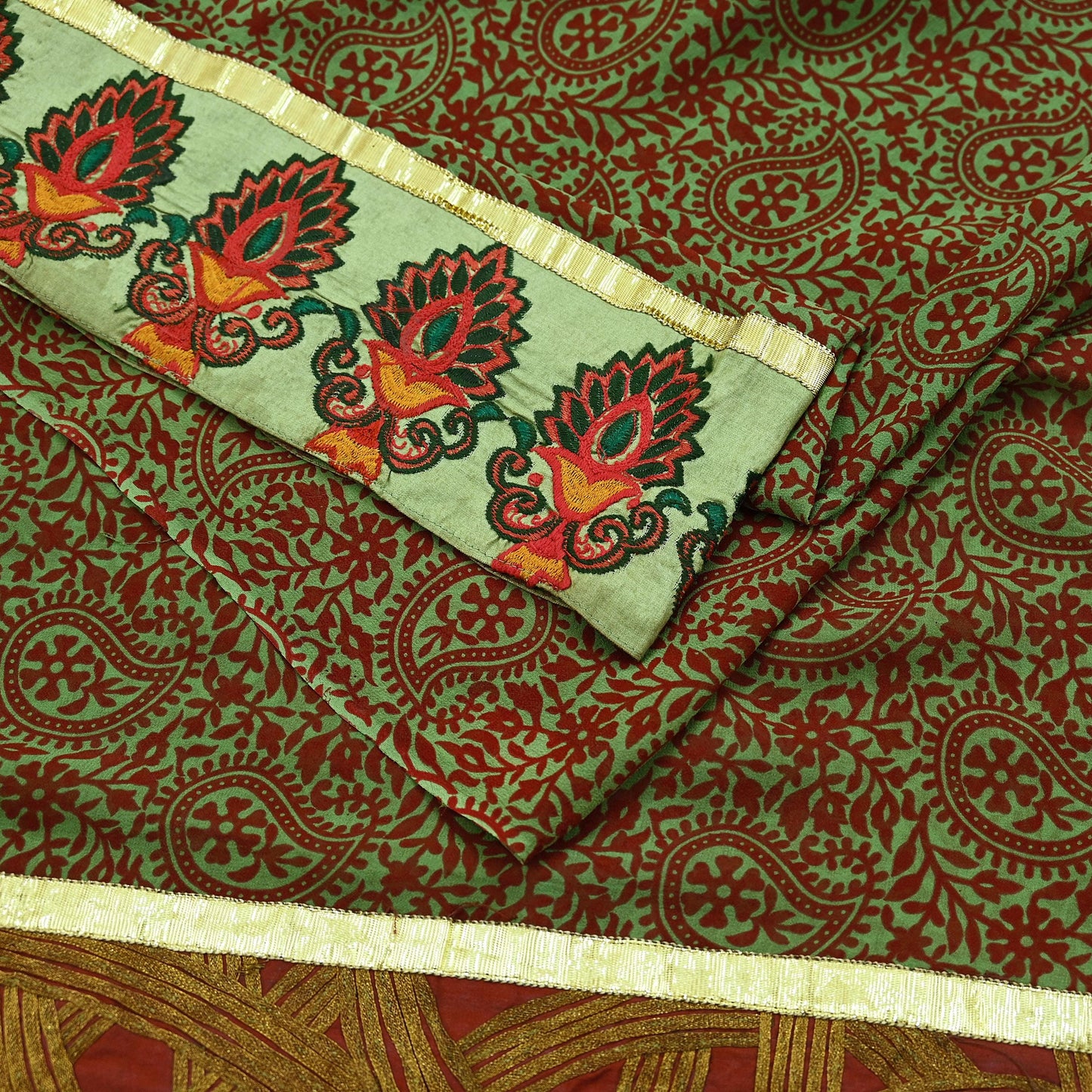 Indian Vintage Green Saree Pure Georgette Silk Hand Embroidered Sari Craft Fabric 5Yd Ethnic Soft Dress making Crafting Quilting