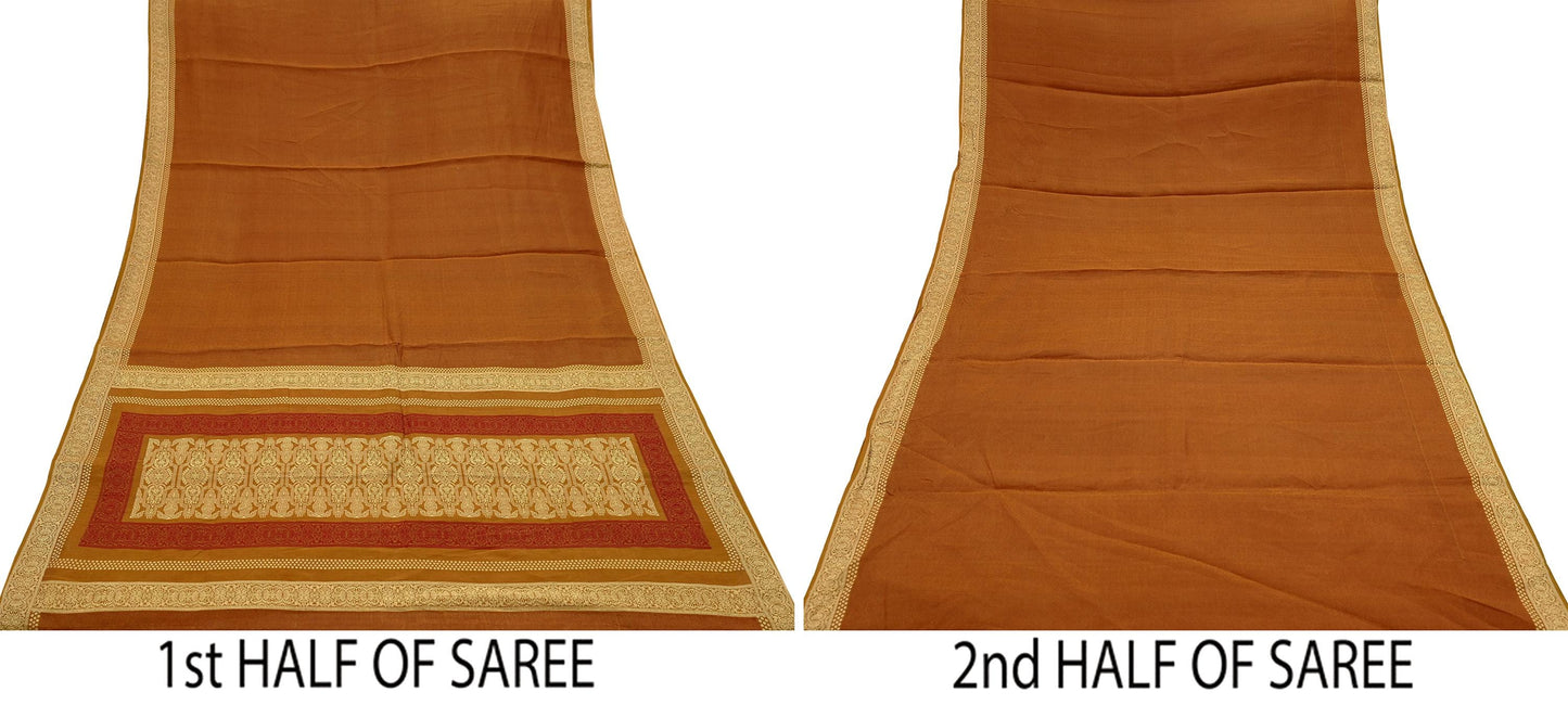 Indian Vintage Saree Mustard 100% Pure Silk Hand Woven Sari Craft Fabric 5Yd Ethnic Floral Dress making Crafting Upcycle Quilting Bollywood