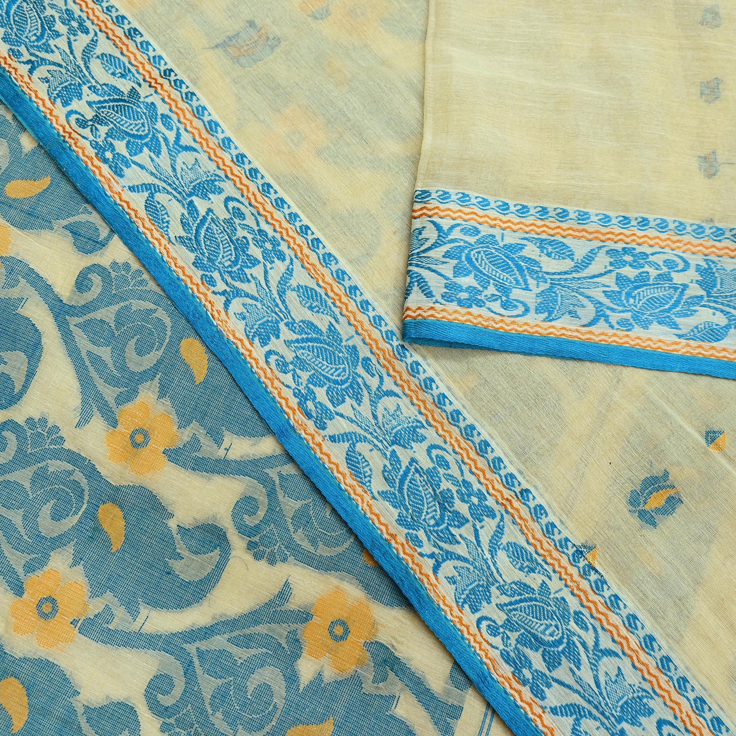 Indian Vintage Sari Beige Pure Cotton Hand Woven Sarees Craft Fabric 5yd Ethnic Floral Crafting Upcycle Quilting Dress Making Quilting