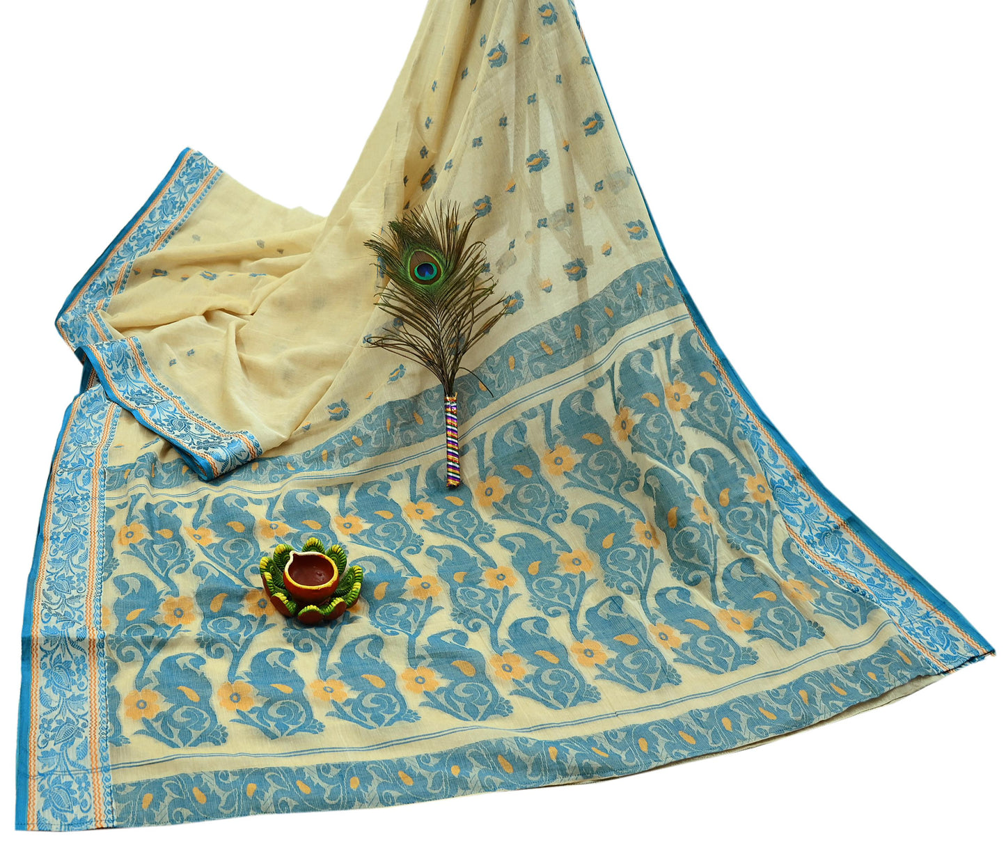 Indian Vintage Sari Beige Pure Cotton Hand Woven Sarees Craft Fabric 5yd Ethnic Floral Crafting Upcycle Quilting Dress Making Quilting