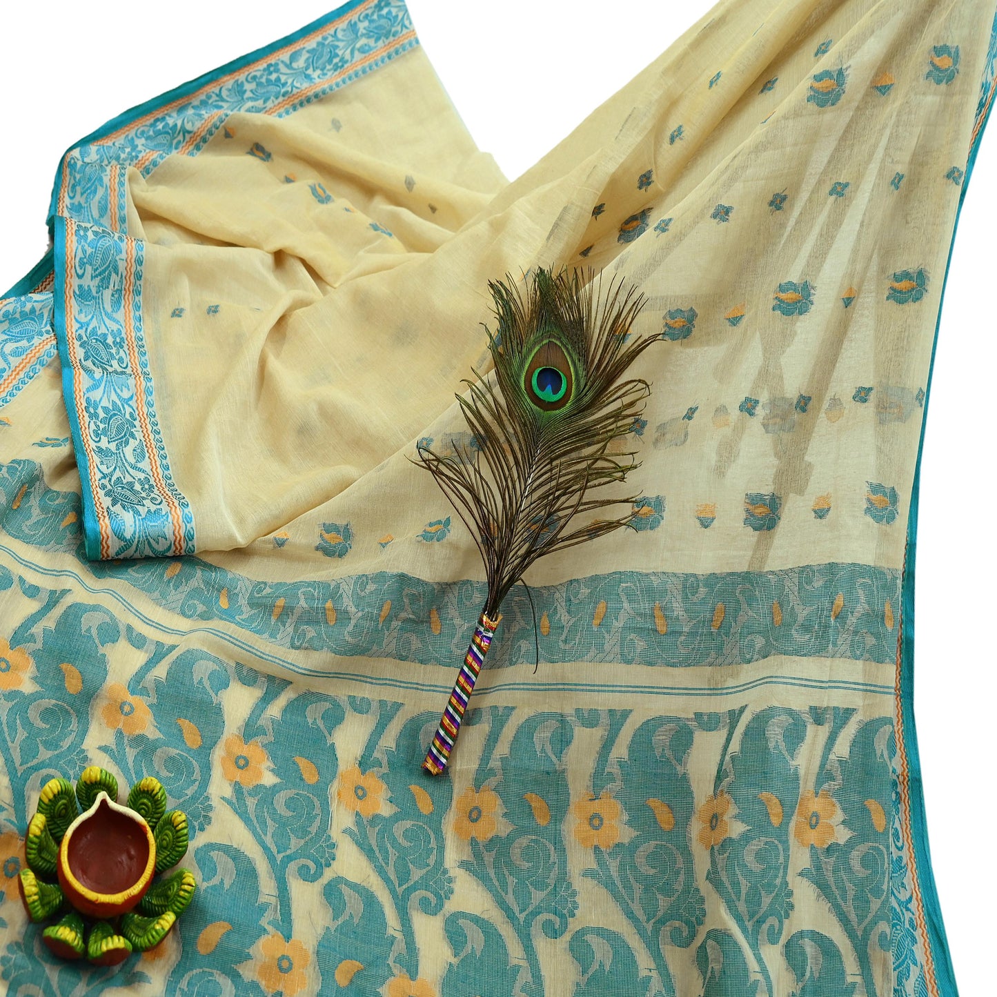 Indian Vintage Sari Beige Pure Cotton Hand Woven Sarees Craft Fabric 5yd Ethnic Floral Crafting Upcycle Quilting Dress Making Quilting