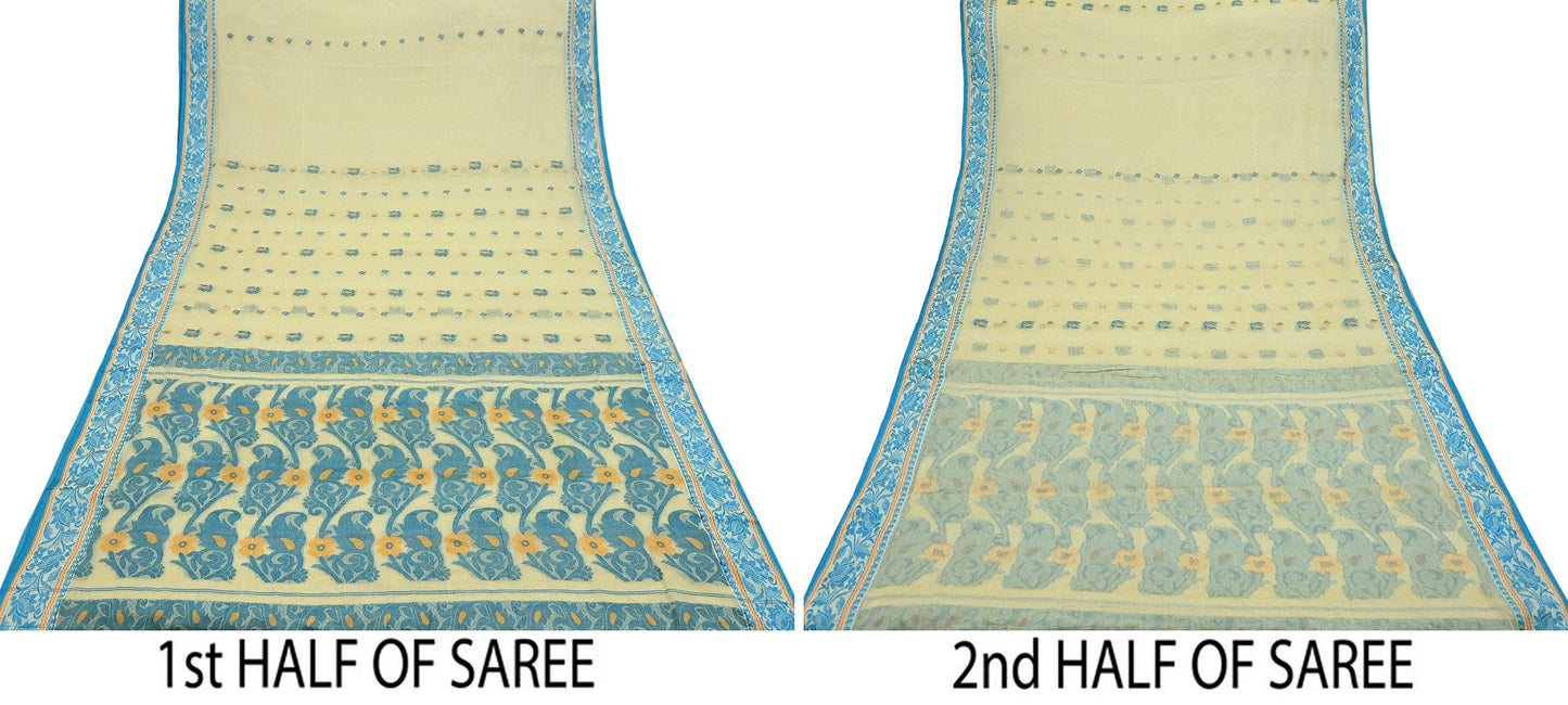 Indian Vintage Sari Beige Pure Cotton Hand Woven Sarees Craft Fabric 5yd Ethnic Floral Crafting Upcycle Quilting Dress Making Quilting