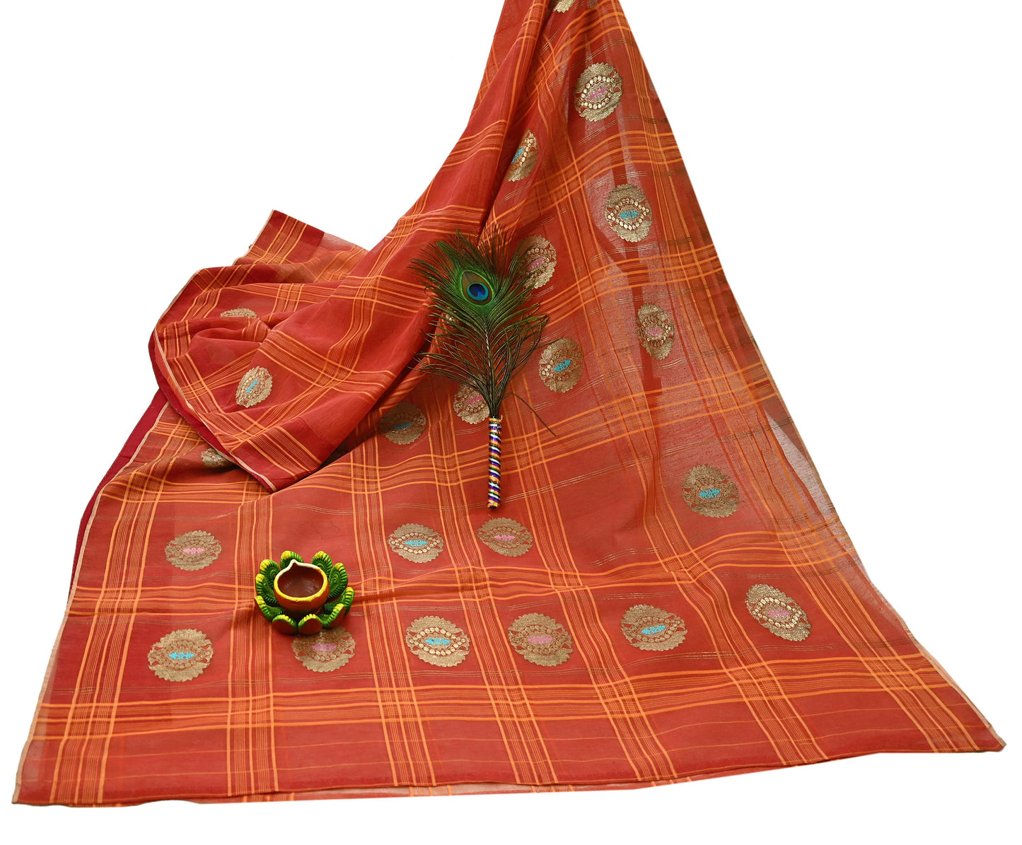 Indian Vintage Sari Orange Pure Cotton Hand Woven Sarees Craft Fabric 5Yd Sewing Soft Crafting Dress making Upcycle Quilting Zari