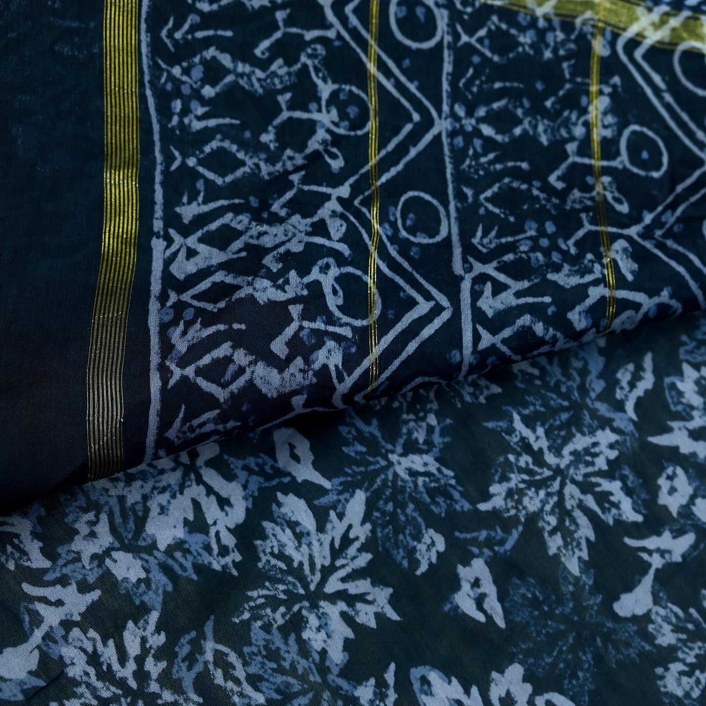 Indian Vintage Sari Black Pure chanderi Silk Bagru Printed Sarees Fabric 5Yd Floral Soft Golden Zari Border Ethnic Dress making Upcycle