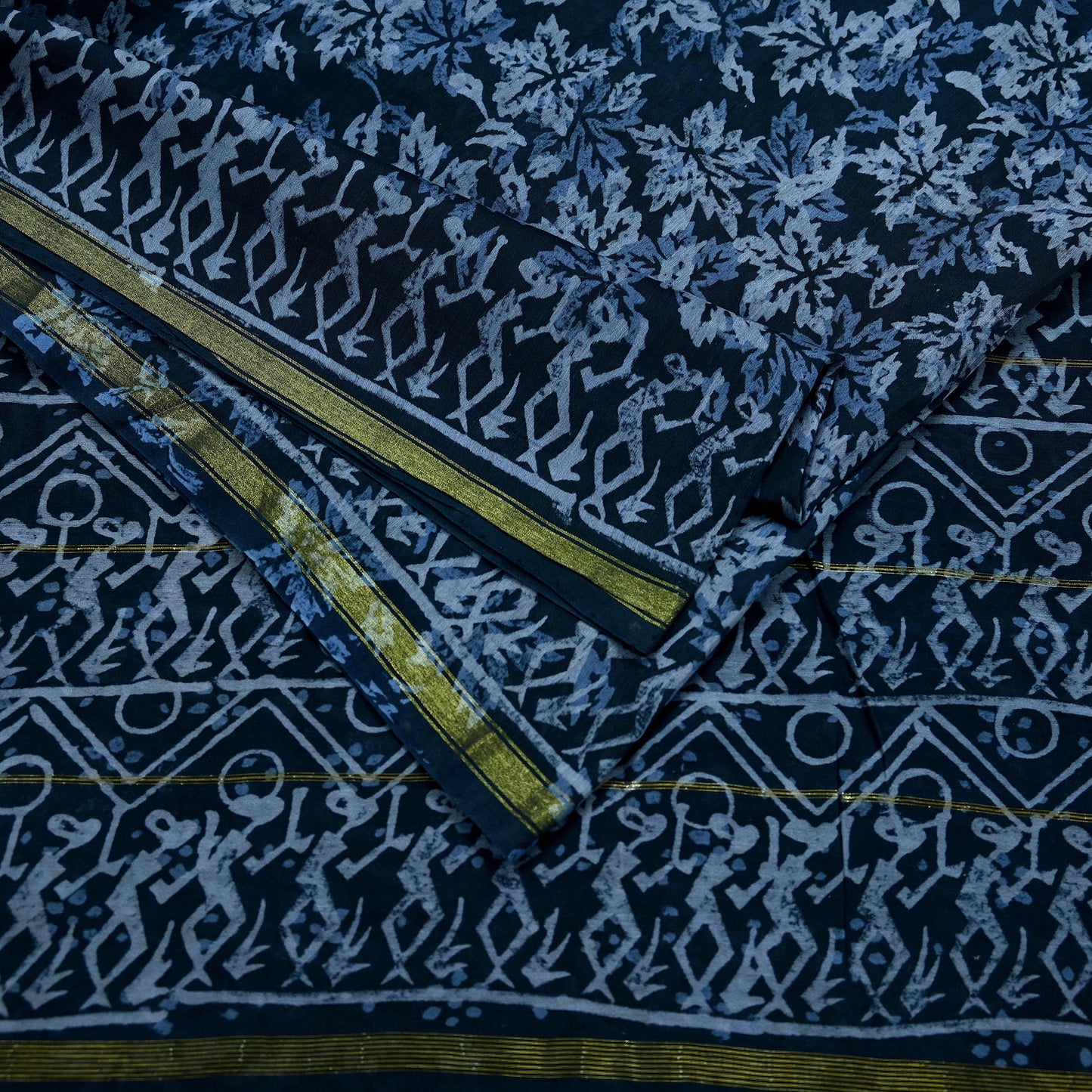 Indian Vintage Sari Black Pure chanderi Silk Bagru Printed Sarees Fabric 5Yd Floral Soft Golden Zari Border Ethnic Dress making Upcycle