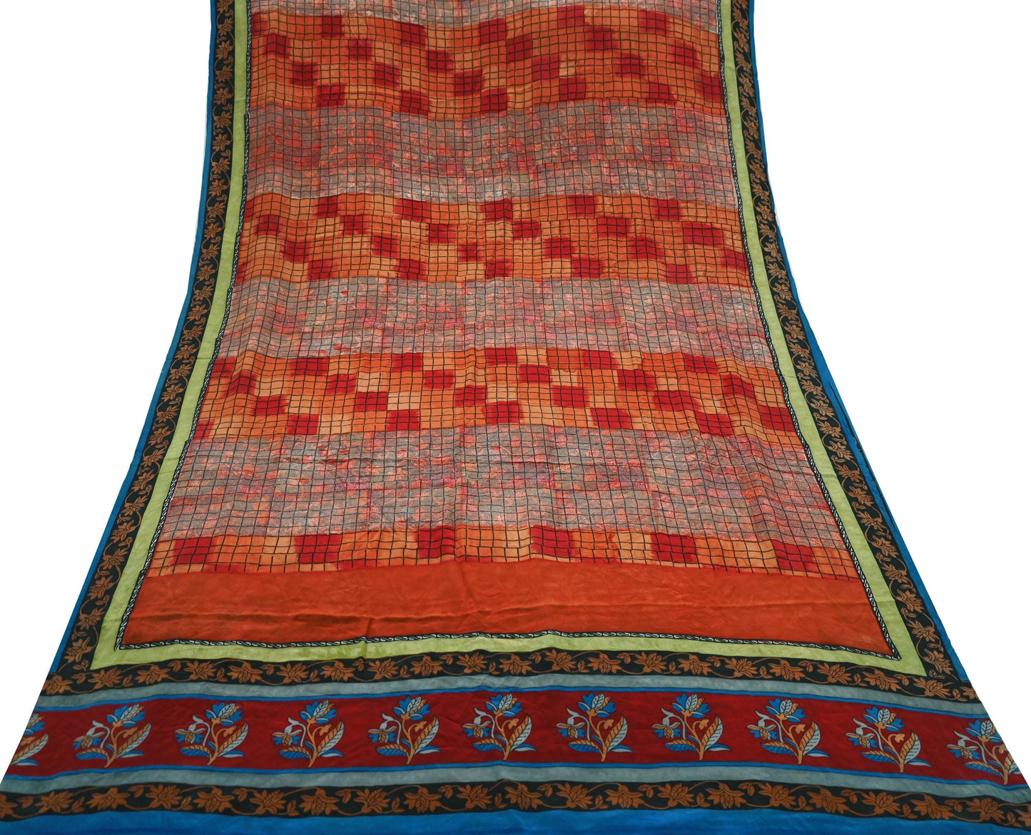 Indian Vintage Sari Orange & Red Pure Crepe Silk Printed Saree 5yd Sewing Floral Soft Craft Fabric Wrap Dress making Crafting Quilting