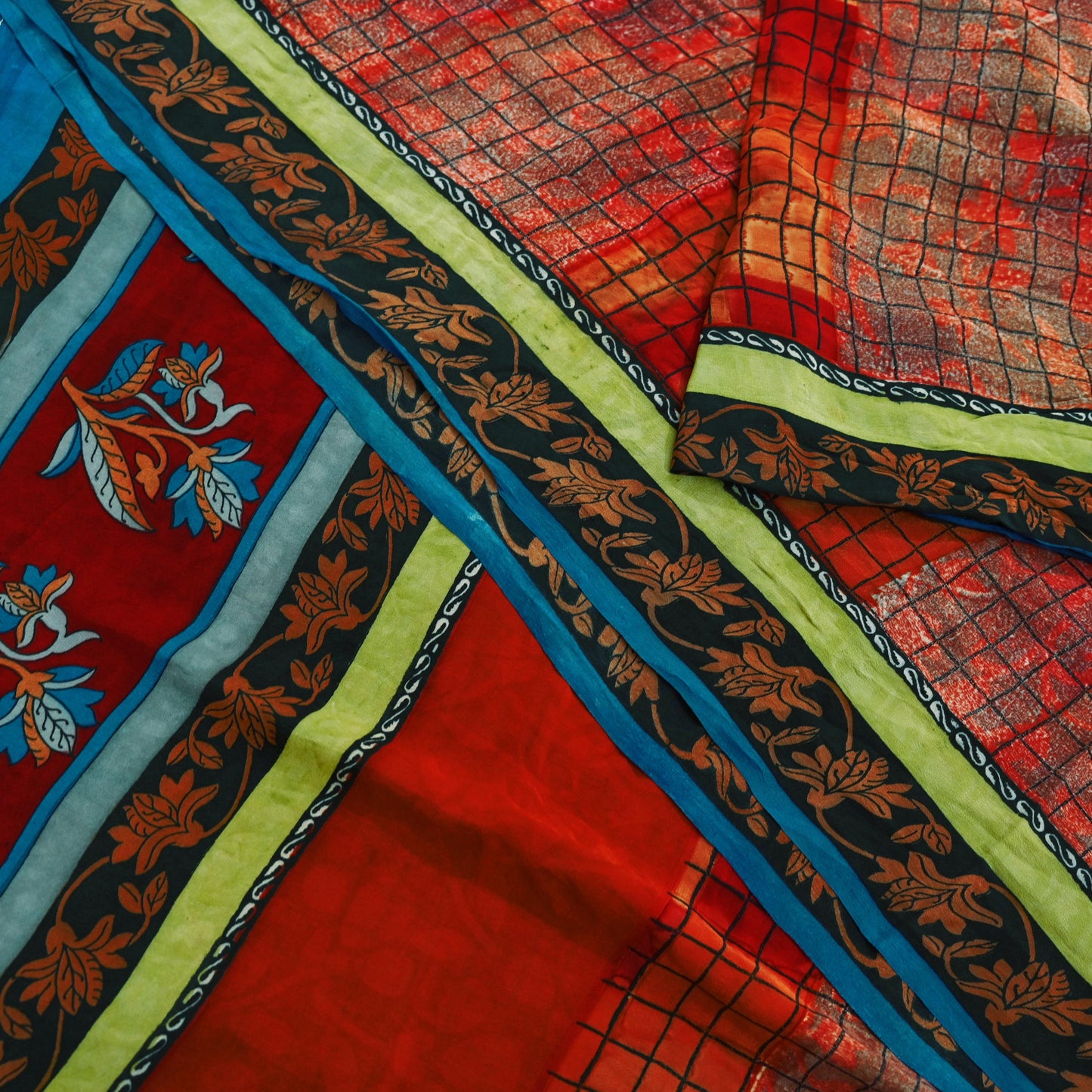 Indian Vintage Sari Orange & Red Pure Crepe Silk Printed Saree 5yd Sewing Floral Soft Craft Fabric Wrap Dress making Crafting Quilting