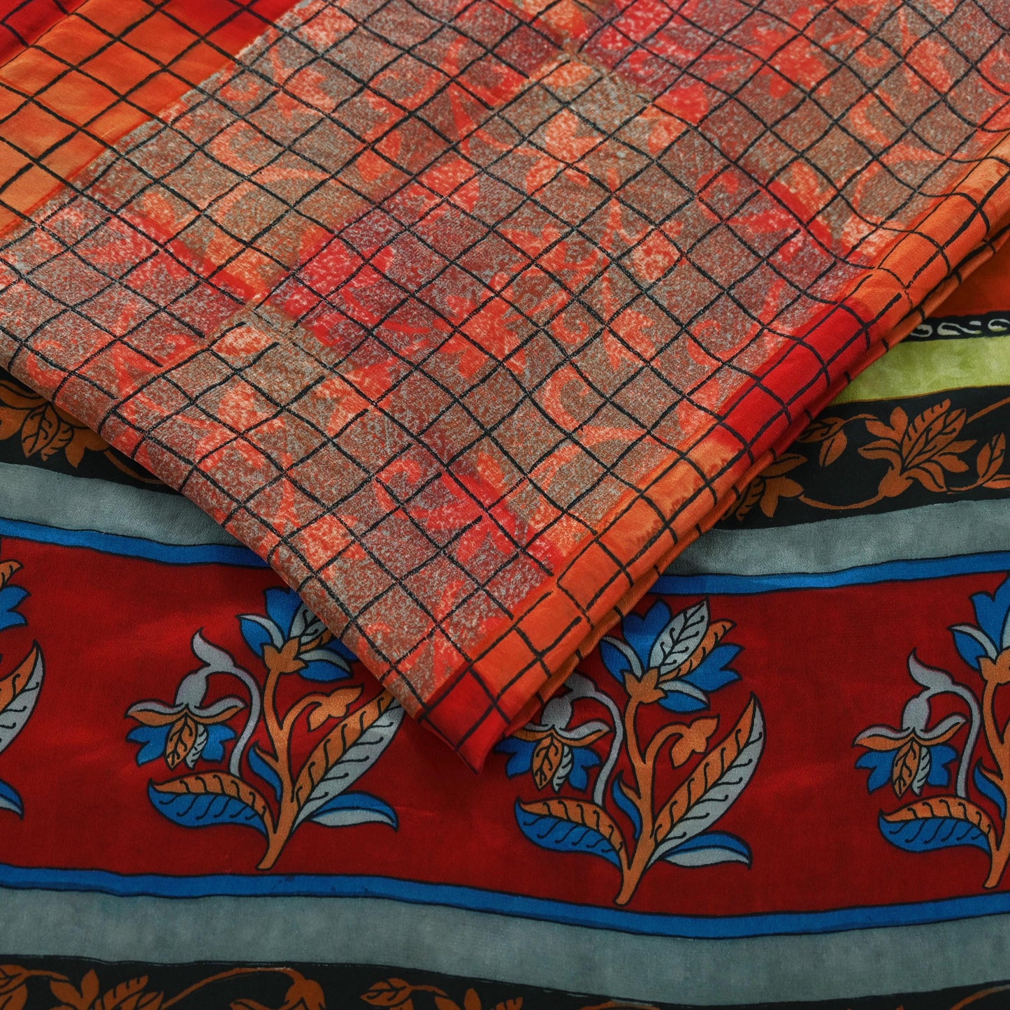 Indian Vintage Sari Orange & Red Pure Crepe Silk Printed Saree 5yd Sewing Floral Soft Craft Fabric Wrap Dress making Crafting Quilting