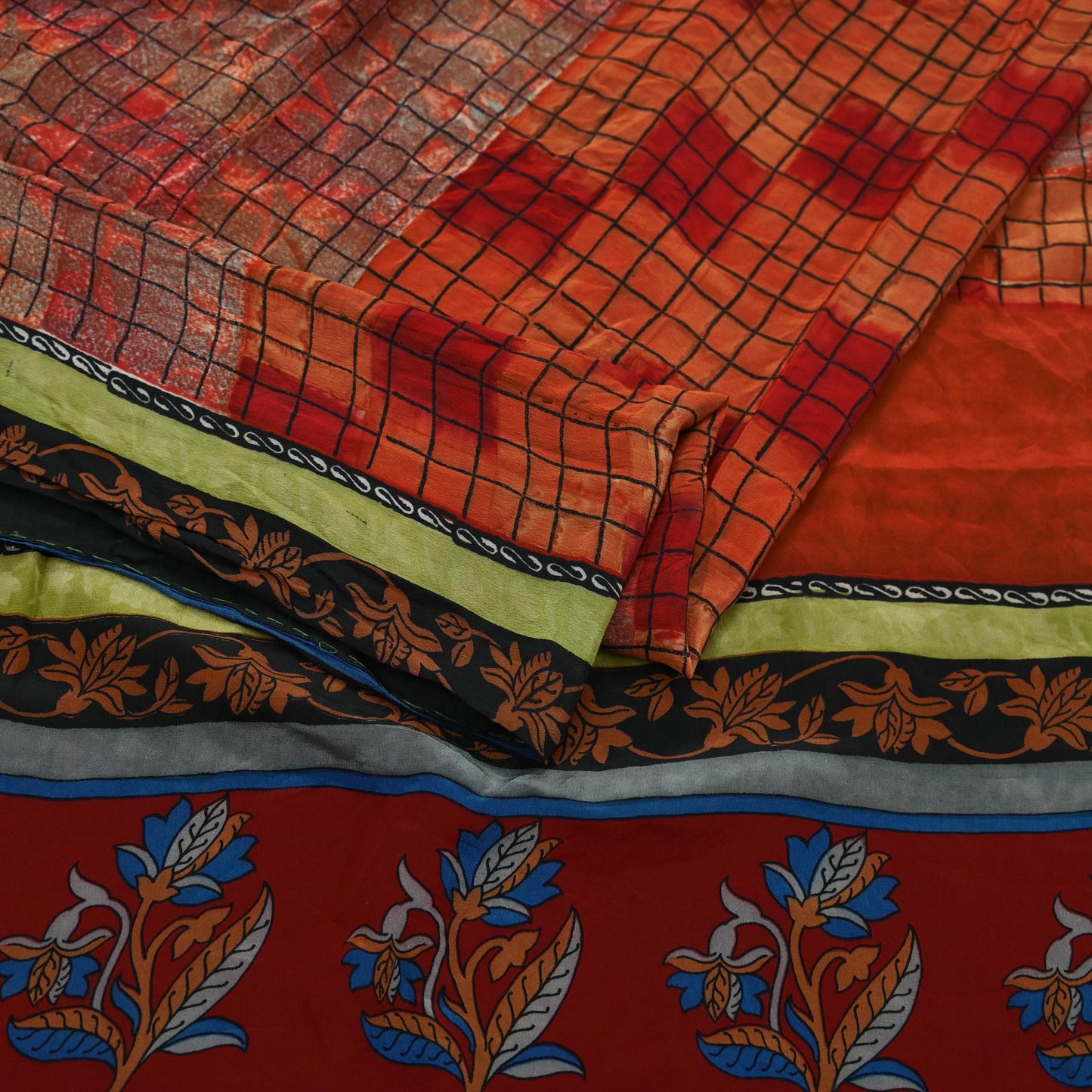 Indian Vintage Sari Orange & Red Pure Crepe Silk Printed Saree 5yd Sewing Floral Soft Craft Fabric Wrap Dress making Crafting Quilting