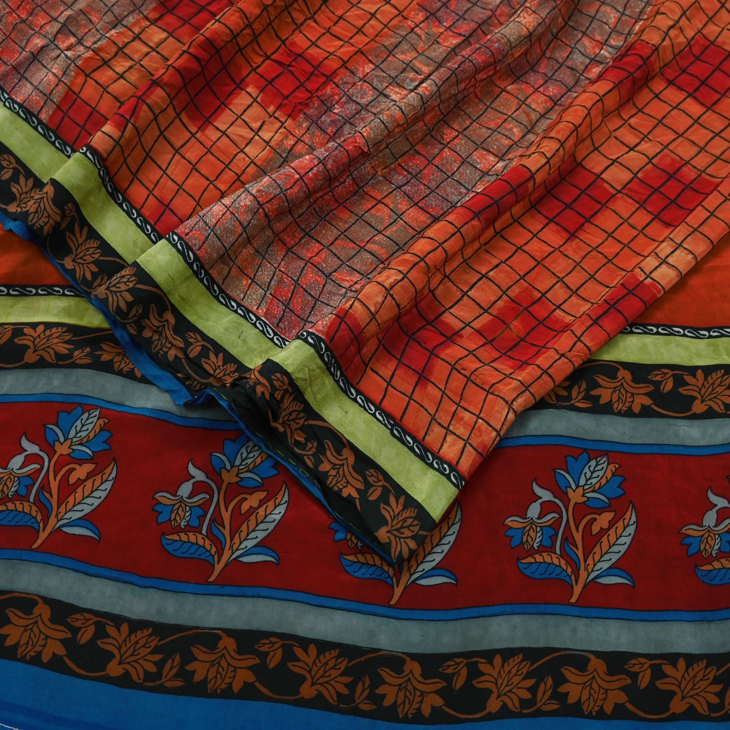 Indian Vintage Sari Orange & Red Pure Crepe Silk Printed Saree 5yd Sewing Floral Soft Craft Fabric Wrap Dress making Crafting Quilting