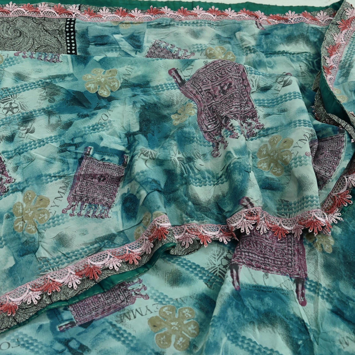Indian Vintage Sari Blue Pure Crepe Silk Printed Saree 5yd Sewing Floral Soft Craft Fabric Wrap Dress making Crafting Quilting