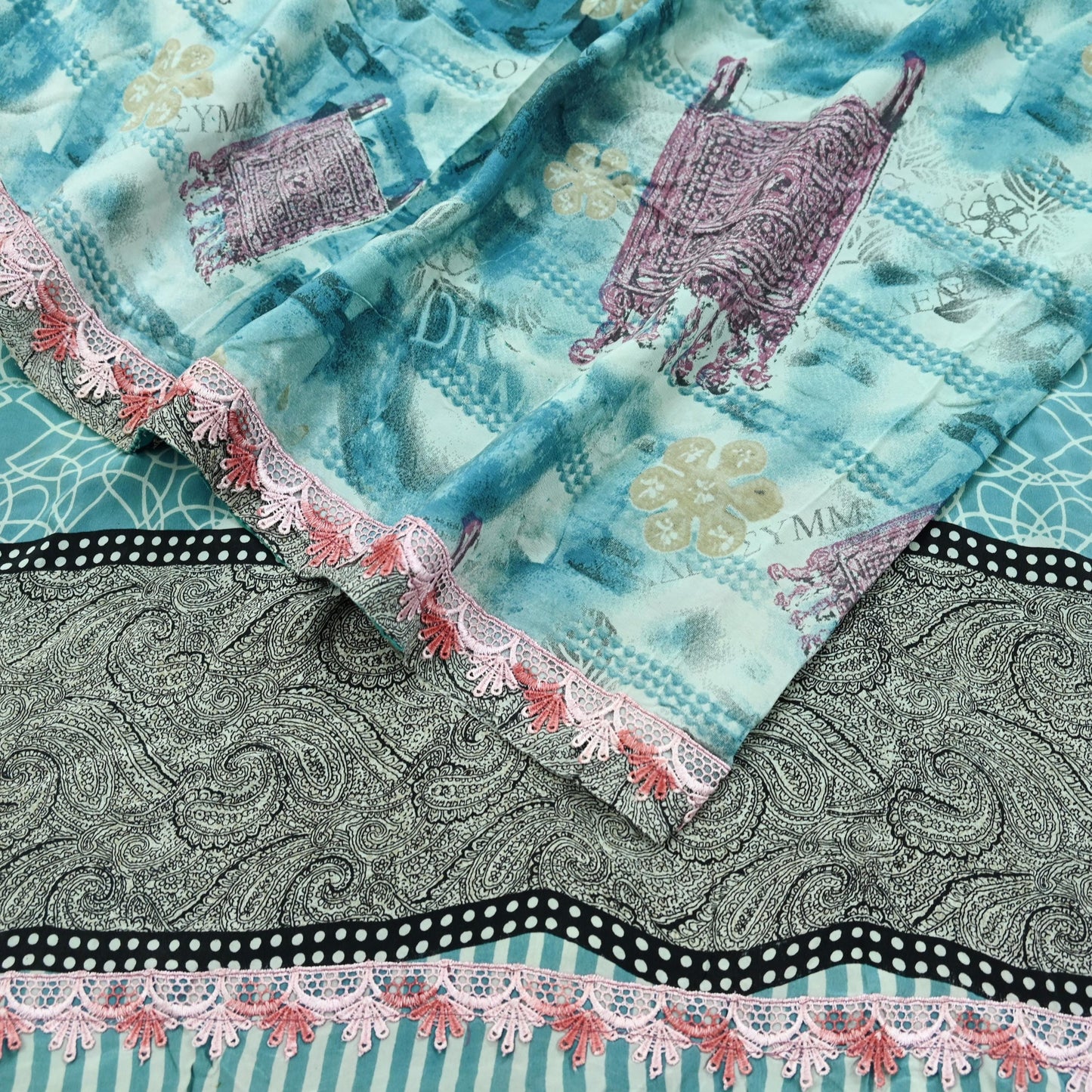 Indian Vintage Sari Blue Pure Crepe Silk Printed Saree 5yd Sewing Floral Soft Craft Fabric Wrap Dress making Crafting Quilting