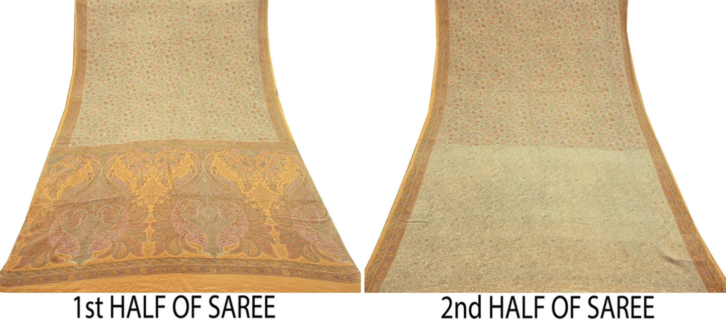 Indian Vintage Sari Beige Pure Crepe Silk Printed Sarees 5yd Sewing Floral Soft Craft Fabric Wrap Dress making Crafting Quilting Used