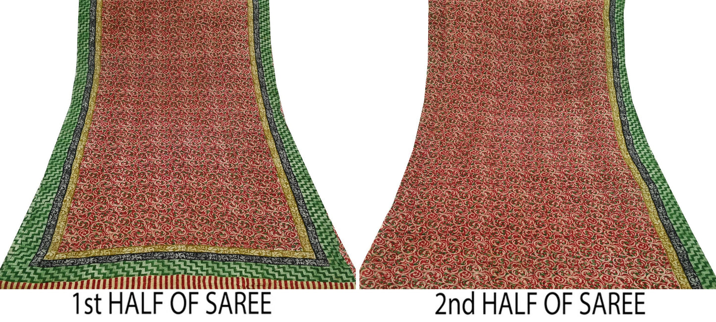 Women Vintage Sari Beige & red Pure Georgette Silk Block Printed Saree Craft Fabric Sewing 5Yd Soft Light Sari Dress Making Quilting