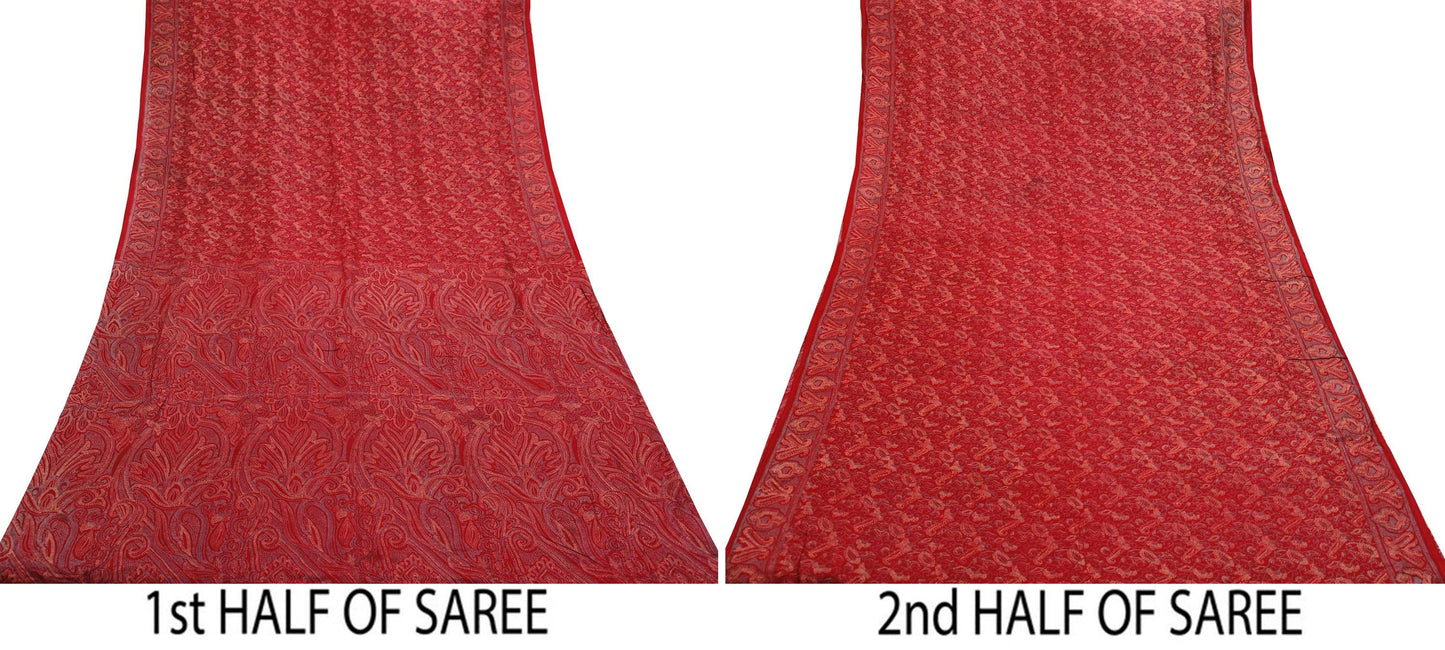 Indian Vintage Sari Red 100% Pure Silk Printed Saree Craft Fabric 6yd Sewing DressMaking Soft Floral Crafting Quilting Upcycle