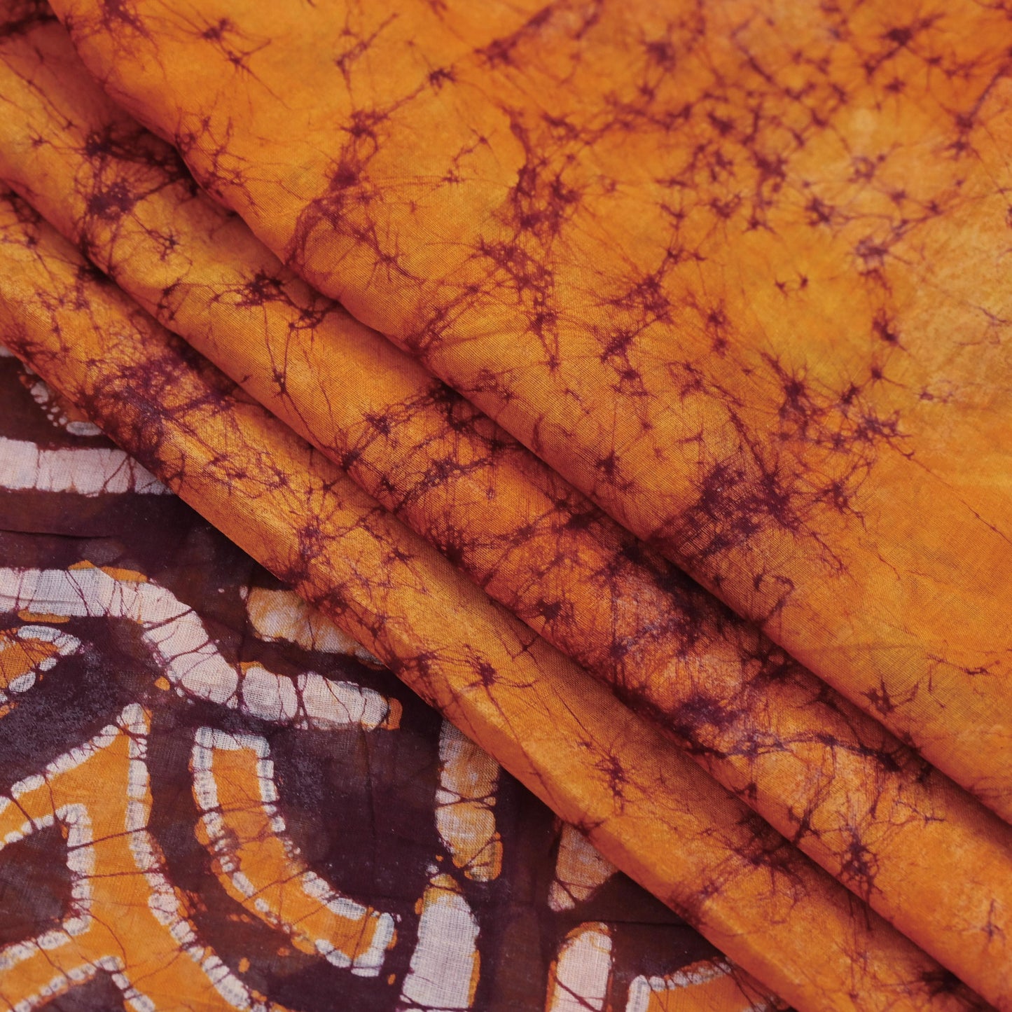 Indian Vintage Saffron & Brown Saree Batik Printed 100% Pure Cotton Sari Craft Fabric Soft 5Yd Sewing Sarong Wrap Boho Dress Making Upcycle