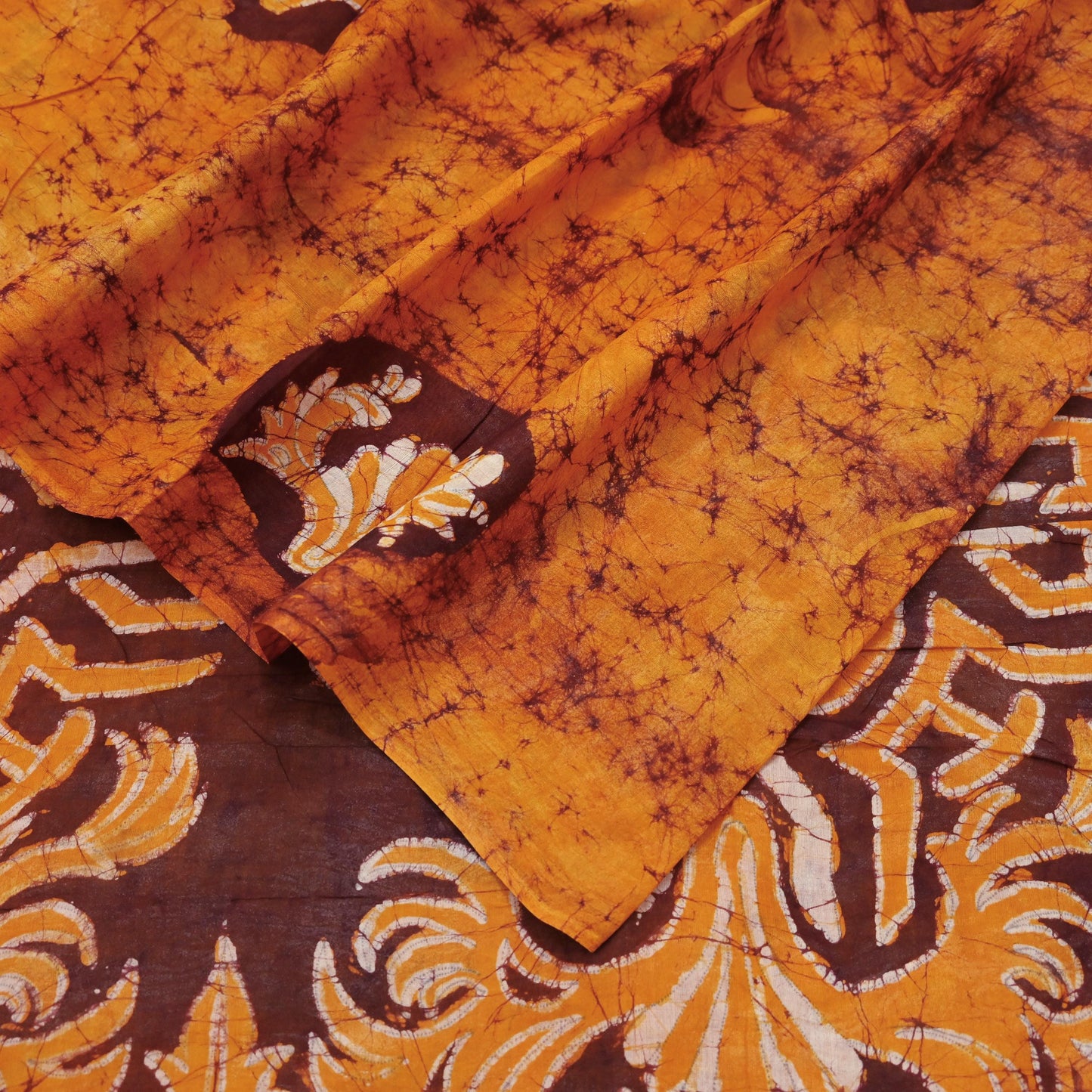 Indian Vintage Saffron & Brown Saree Batik Printed 100% Pure Cotton Sari Craft Fabric Soft 5Yd Sewing Sarong Wrap Boho Dress Making Upcycle