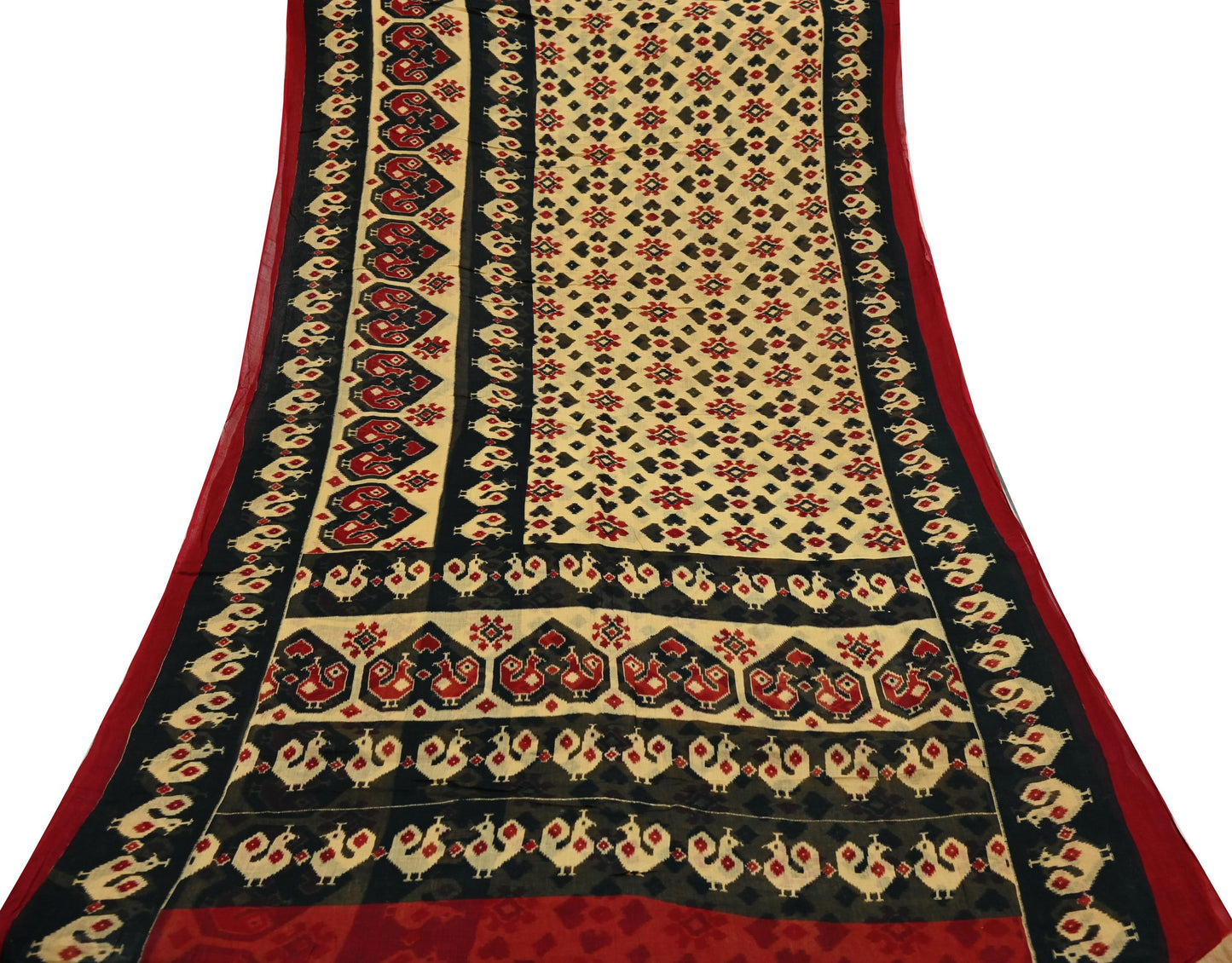 Indian Vintage Sari Beige & Black Ikat Printed Pure Cotton Sarees Craft Fabric 5Yd Sewing Sarong Wrap Boho Dress Making Quilting Upcycle