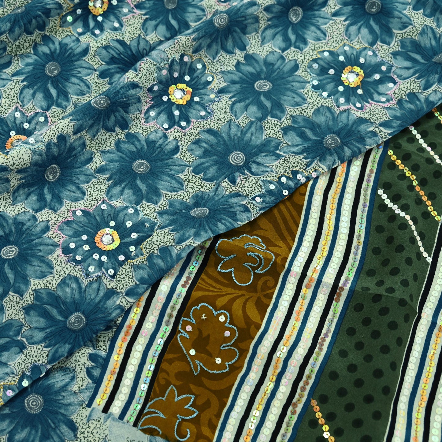 Indian Vintage Sari Ivory & Gray Pure Crepe Silk Hand Embroidered Saree 5yd Sewing Floral Craft Sequins Dress making Crafting Quilting