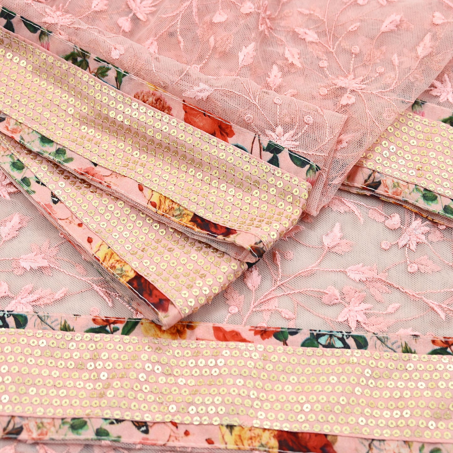 Indian Vintage Peach Dupatta Net Mesh Long Stole Hand Embroidered Scarves Veil Scarf Wrap Party wear