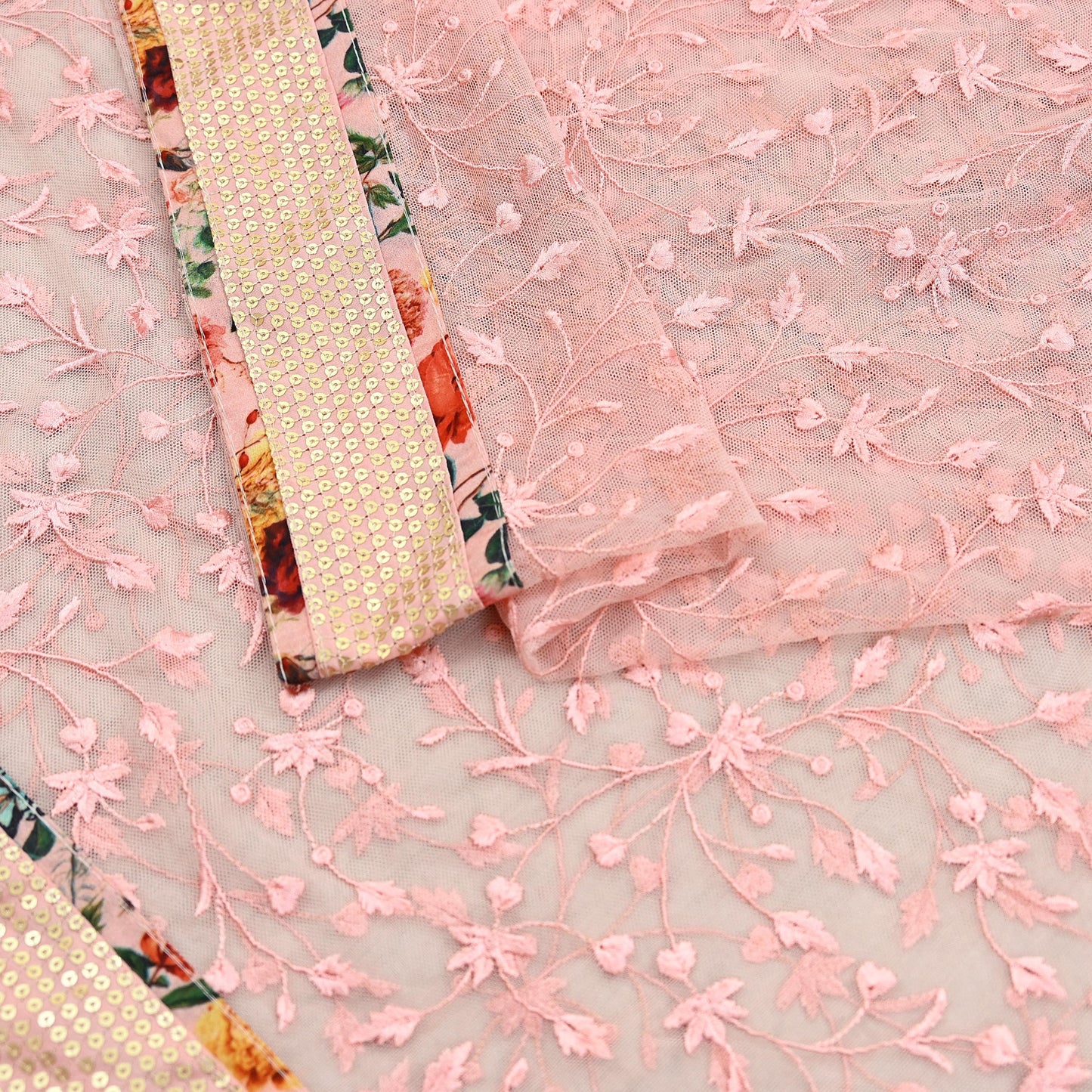 Indian Vintage Peach Dupatta Net Mesh Long Stole Hand Embroidered Scarves Veil Scarf Wrap Party wear