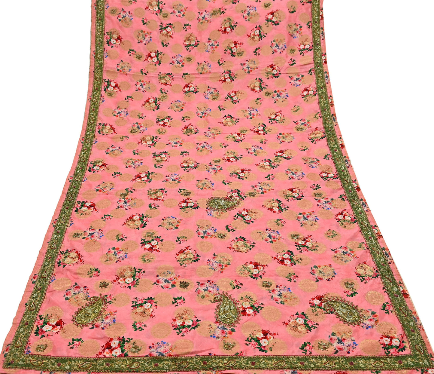 Indian Vintage Peach Sarees Hand Embroidered Woven Brocade Sari Fabric 6Yd Sewing Ethnic Zardozi Zari Floral Dress making