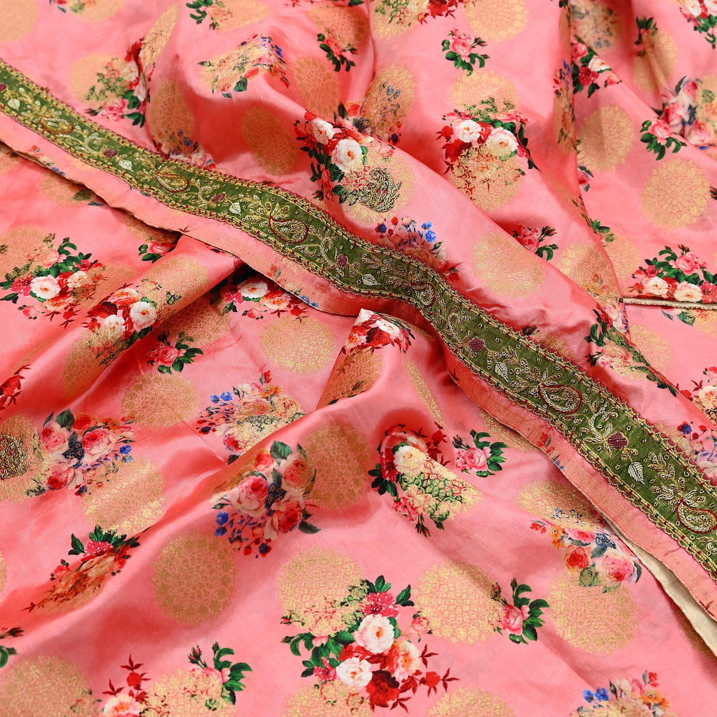 Indian Vintage Peach Sarees Hand Embroidered Woven Brocade Sari Fabric 6Yd Sewing Ethnic Zardozi Zari Floral Dress making