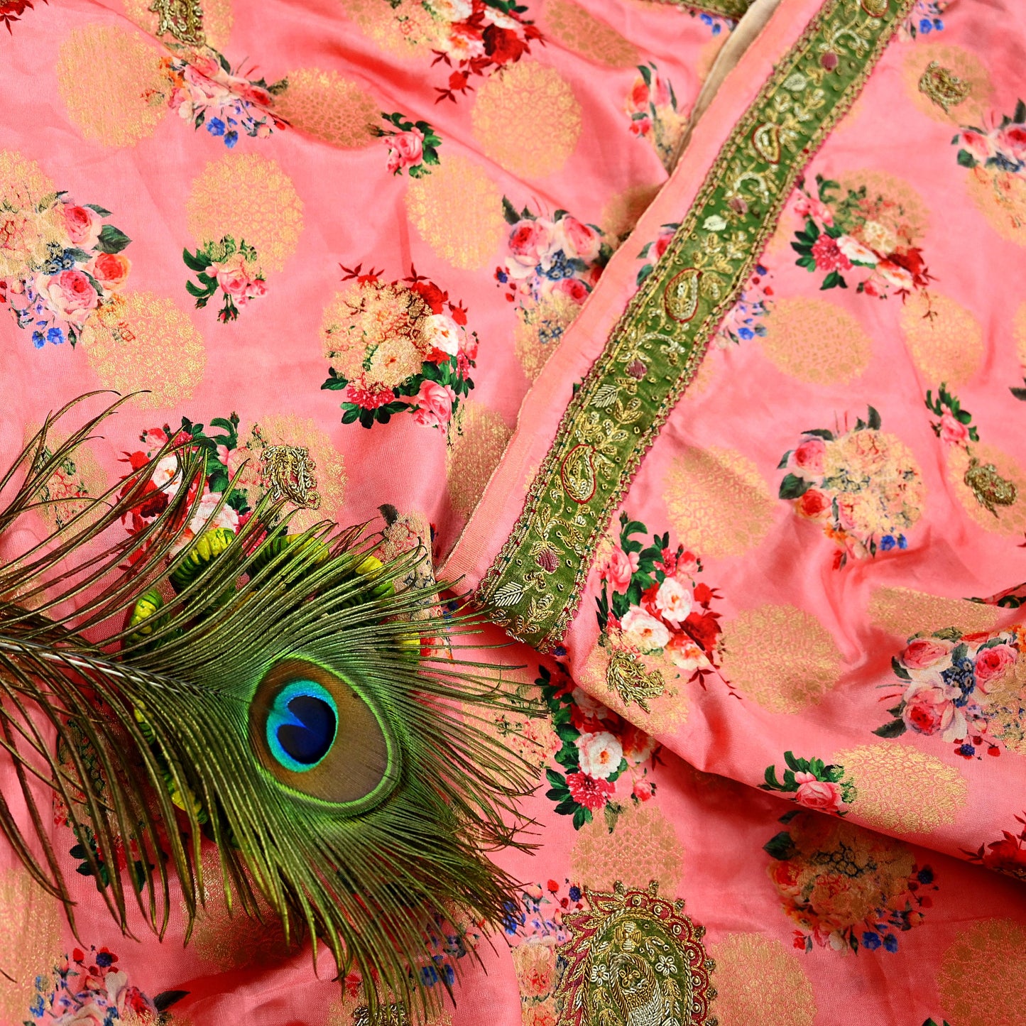 Indian Vintage Peach Sarees Hand Embroidered Woven Brocade Sari Fabric 6Yd Sewing Ethnic Zardozi Zari Floral Dress making