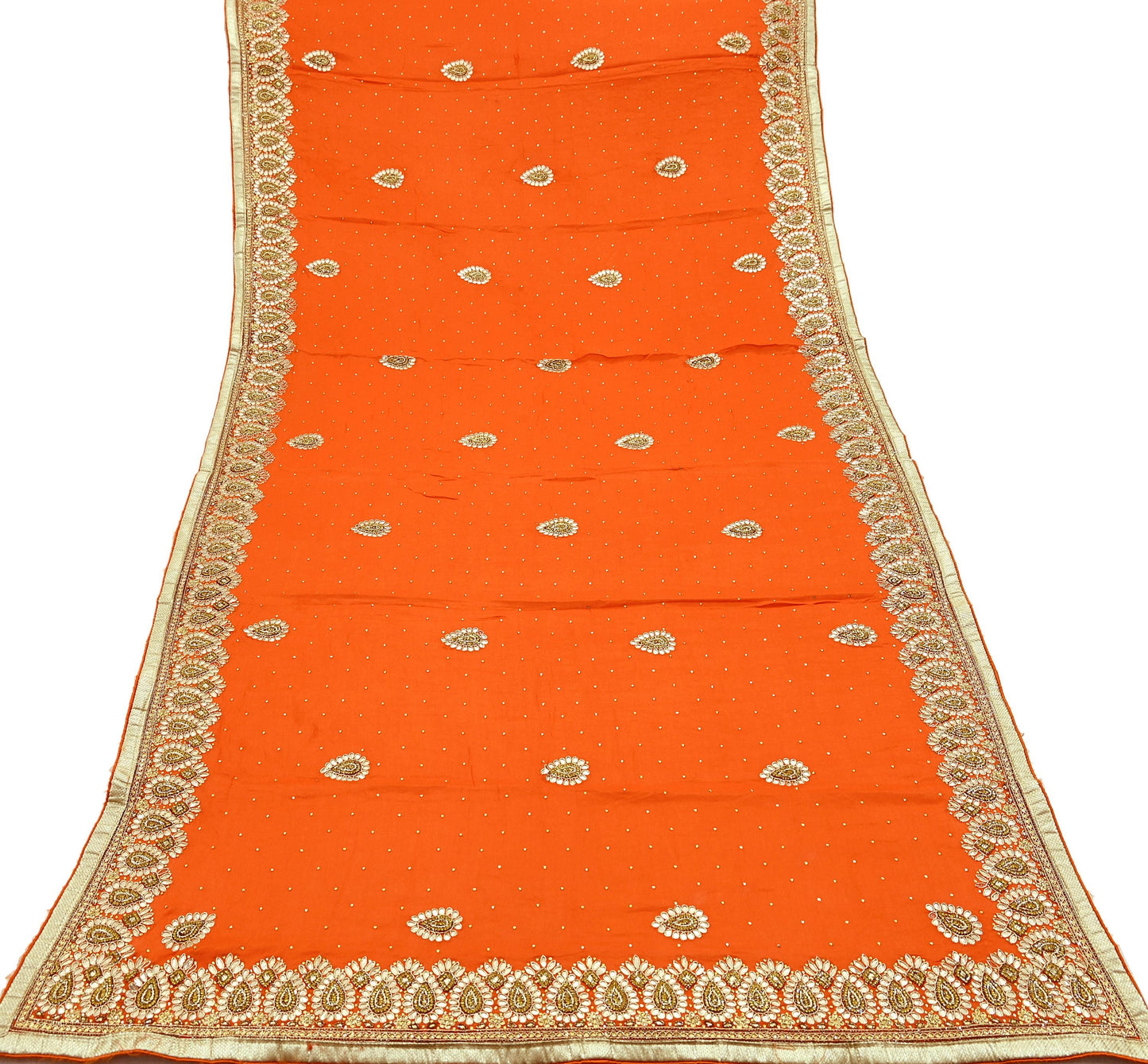 Indian Women Vintage Heavy Orange Dupatta Pure silk Long Stole Hand Embroidered Hijab Scarves Veil Wrap Zardozi Dabka Gota patti