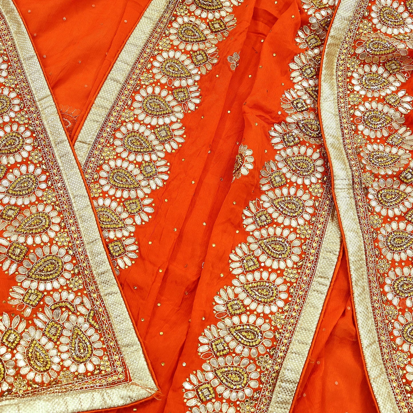 Indian Women Vintage Heavy Orange Dupatta Pure silk Long Stole Hand Embroidered Hijab Scarves Veil Wrap Zardozi Dabka Gota patti