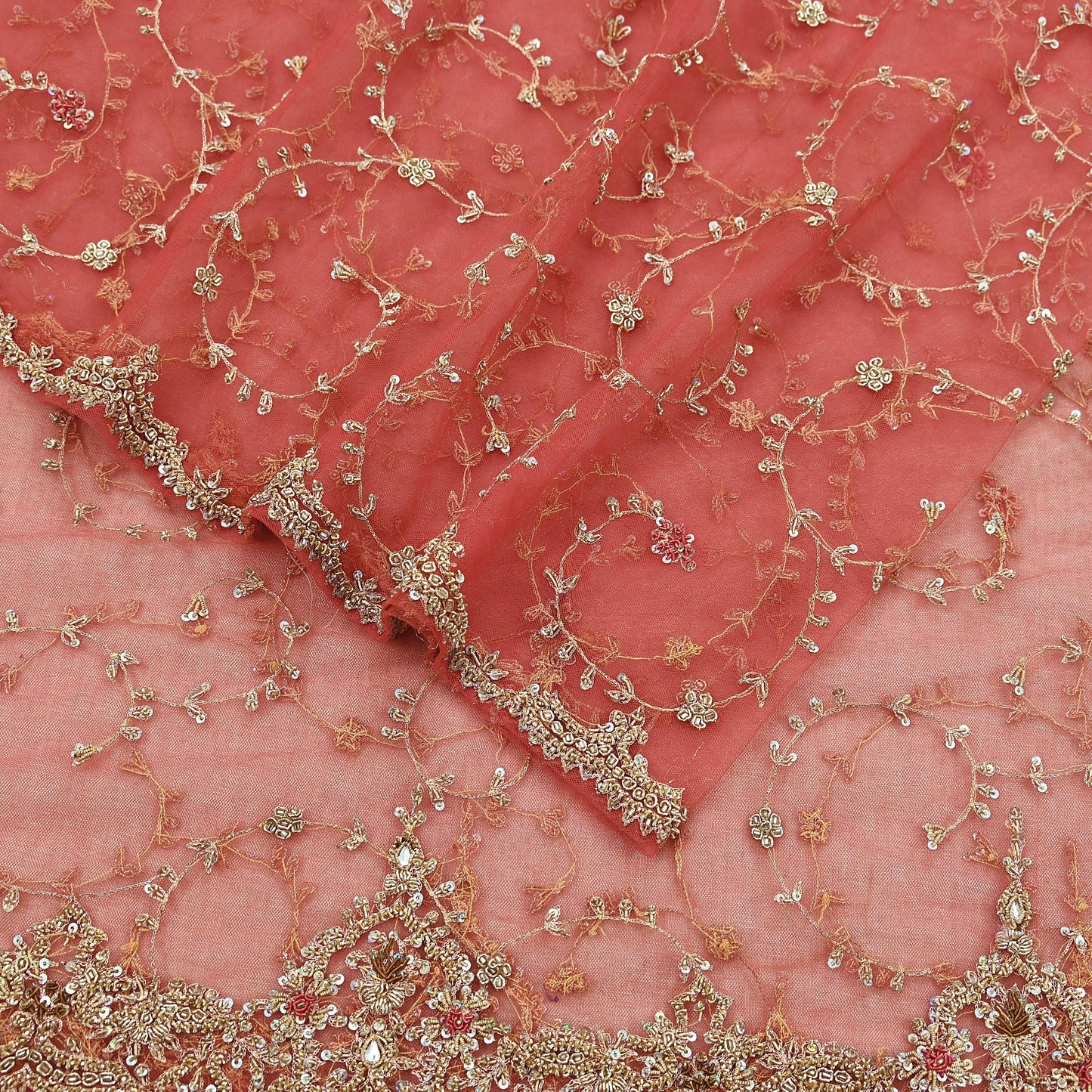 Indian Vintage Heavy Pink Dupatta Net Mesh Long Stole Hand Embroidered Scarves Golden Zardozi Dabka Zari Sequins
