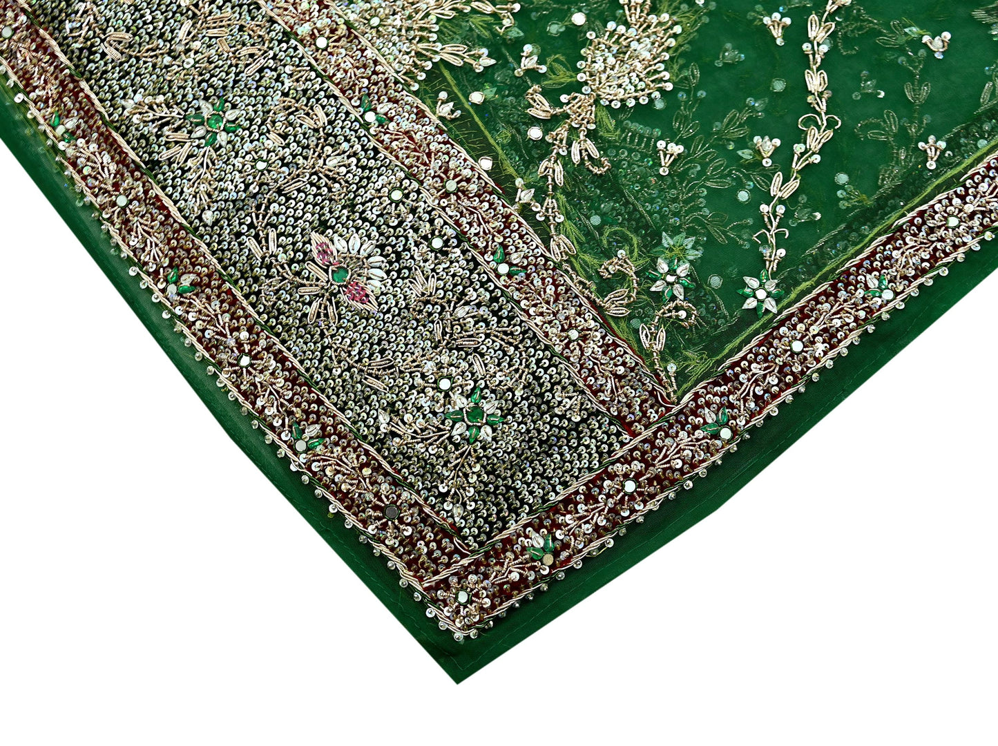Indian Vintage Heavy Bridal Dupatta Green Net Mesh Long Stole Hand Embroidered Scarf Zardozi Zari Sequins Wedding/Party wear hijab veil
