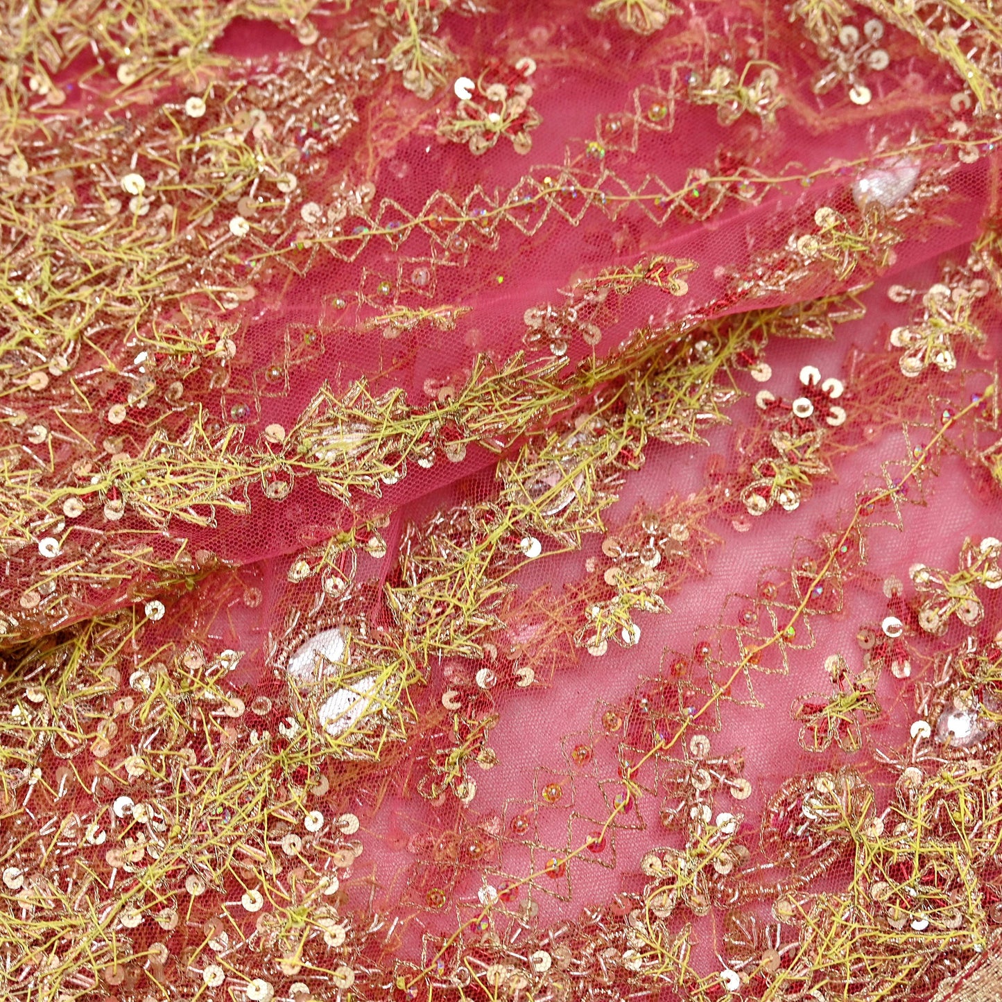 Indian Vintage Heavy Pink Dupatta Net Mesh Long Stole Hand Embroidered Scarves Golden Zardozi Dabka Zari Sequins Wedding Dupatta Party Wear