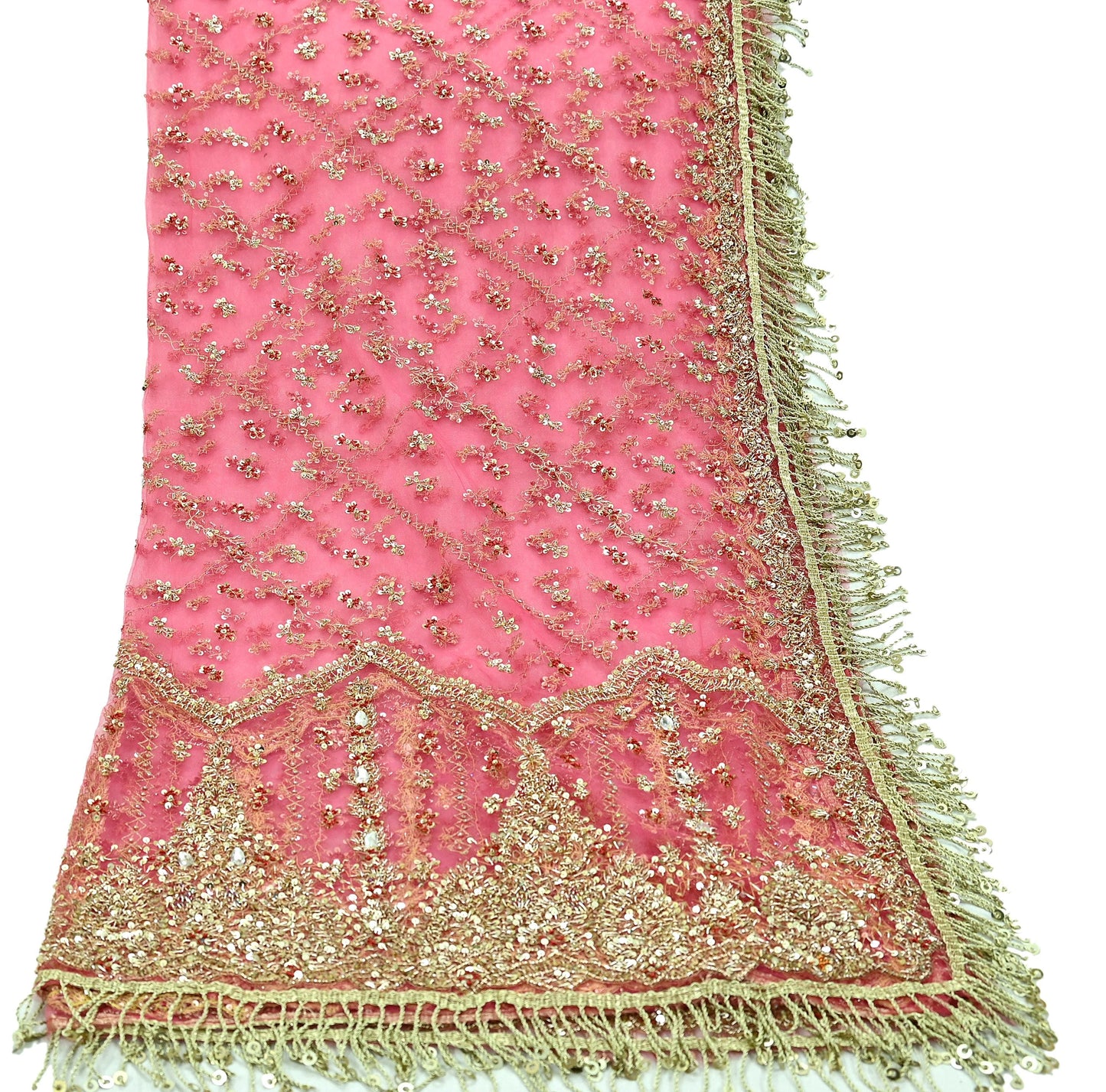 Indian Vintage Heavy Pink Dupatta Net Mesh Long Stole Hand Embroidered Scarves Golden Zardozi Dabka Zari Sequins Wedding Dupatta Party Wear