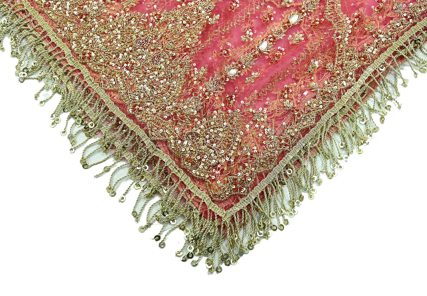 Indian Vintage Heavy Pink Dupatta Net Mesh Long Stole Hand Embroidered Scarves Golden Zardozi Dabka Zari Sequins Wedding Dupatta Party Wear