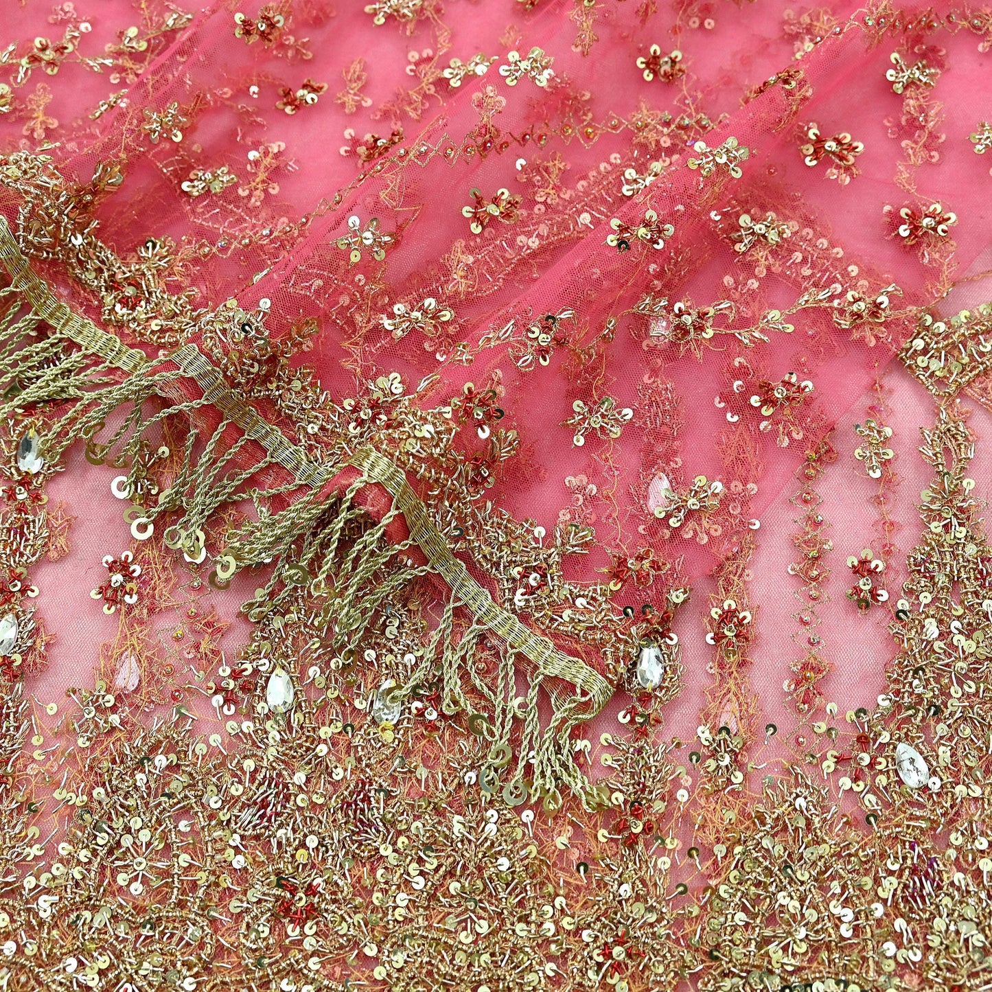 Indian Vintage Heavy Pink Dupatta Net Mesh Long Stole Hand Embroidered Scarves Golden Zardozi Dabka Zari Sequins Wedding Dupatta Party Wear