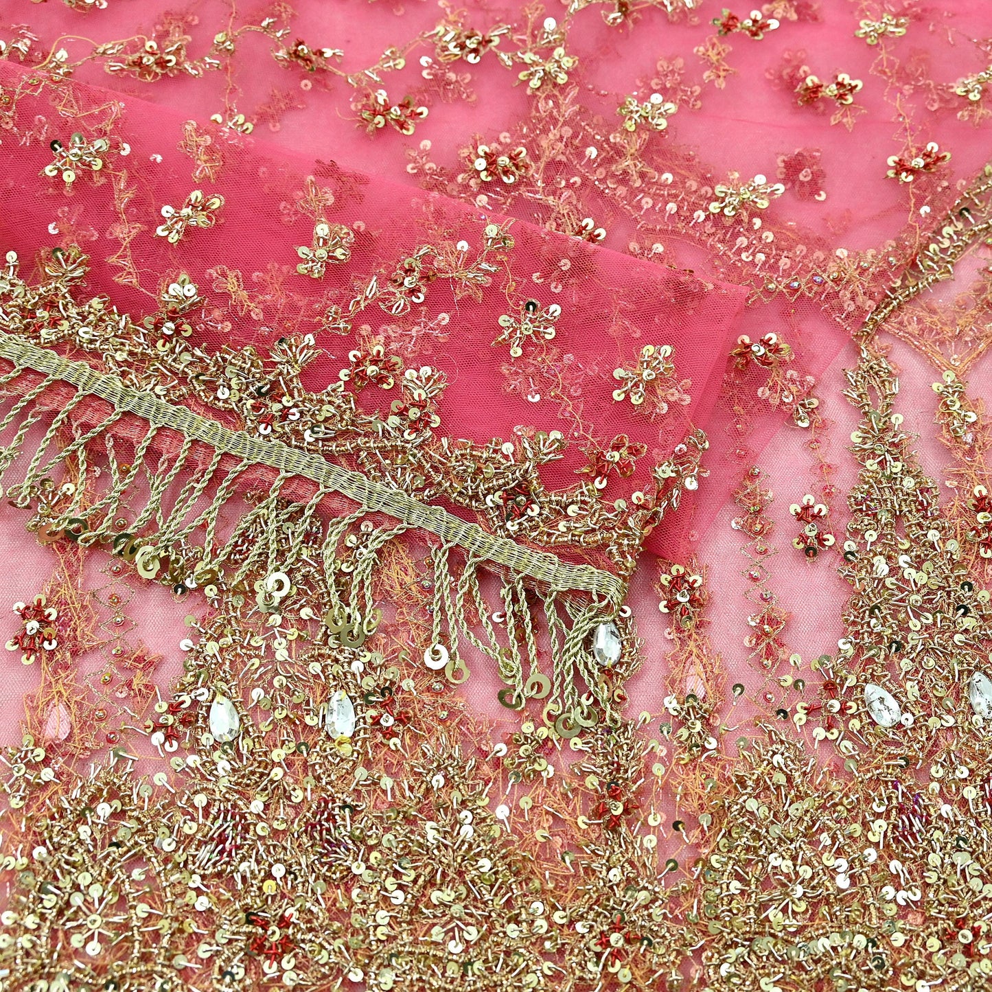 Indian Vintage Heavy Pink Dupatta Net Mesh Long Stole Hand Embroidered Scarves Golden Zardozi Dabka Zari Sequins Wedding Dupatta Party Wear