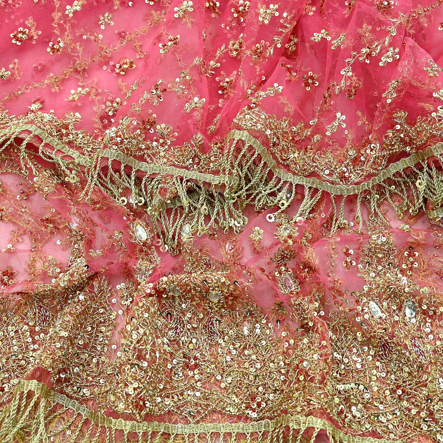 Indian Vintage Heavy Pink Dupatta Net Mesh Long Stole Hand Embroidered Scarves Golden Zardozi Dabka Zari Sequins Wedding Dupatta Party Wear