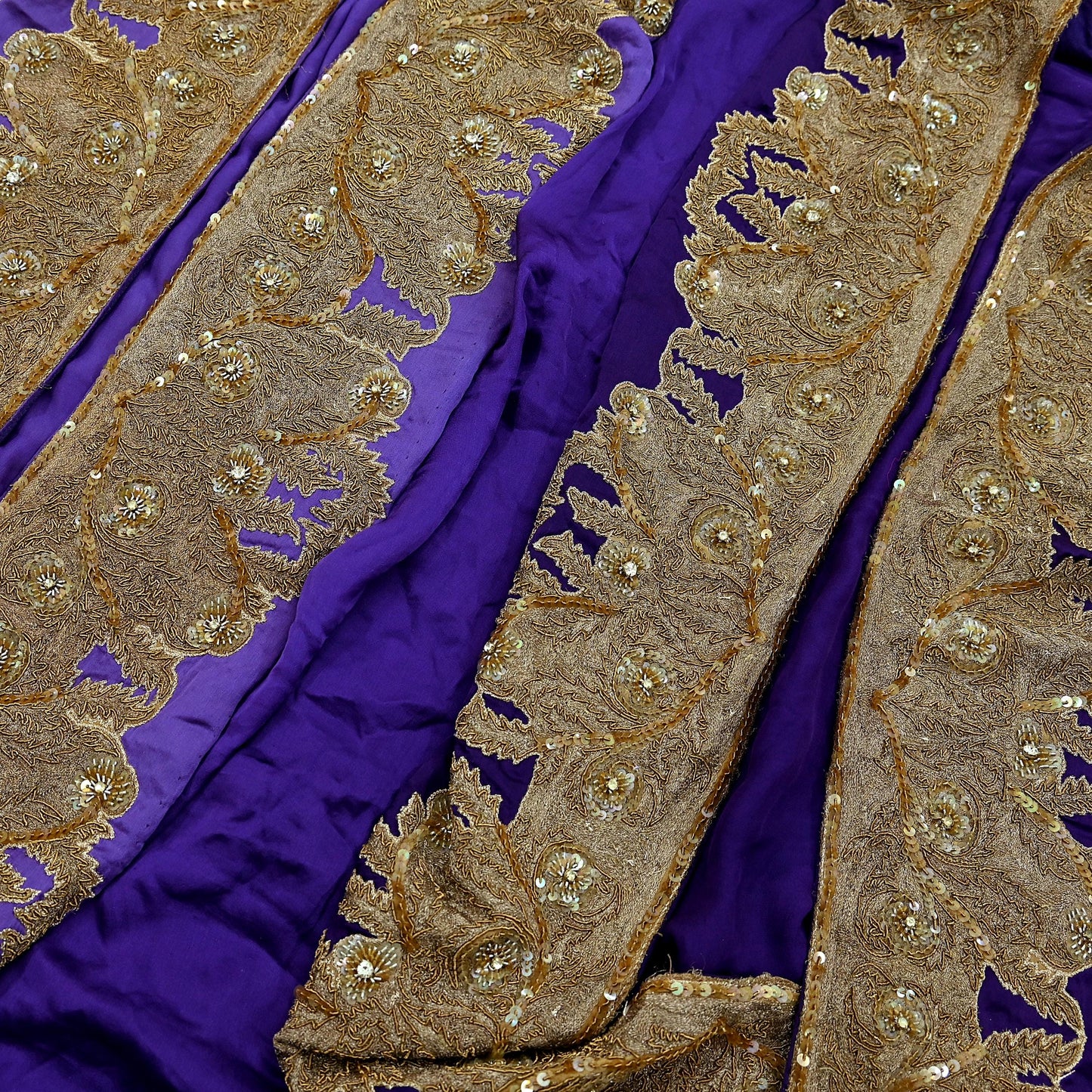 Indian Vintage Heavy Wedding Purple Dupatta Pure Satin Silk Long Stole Hand Embroidered Scarves Golden Zardozi Veil