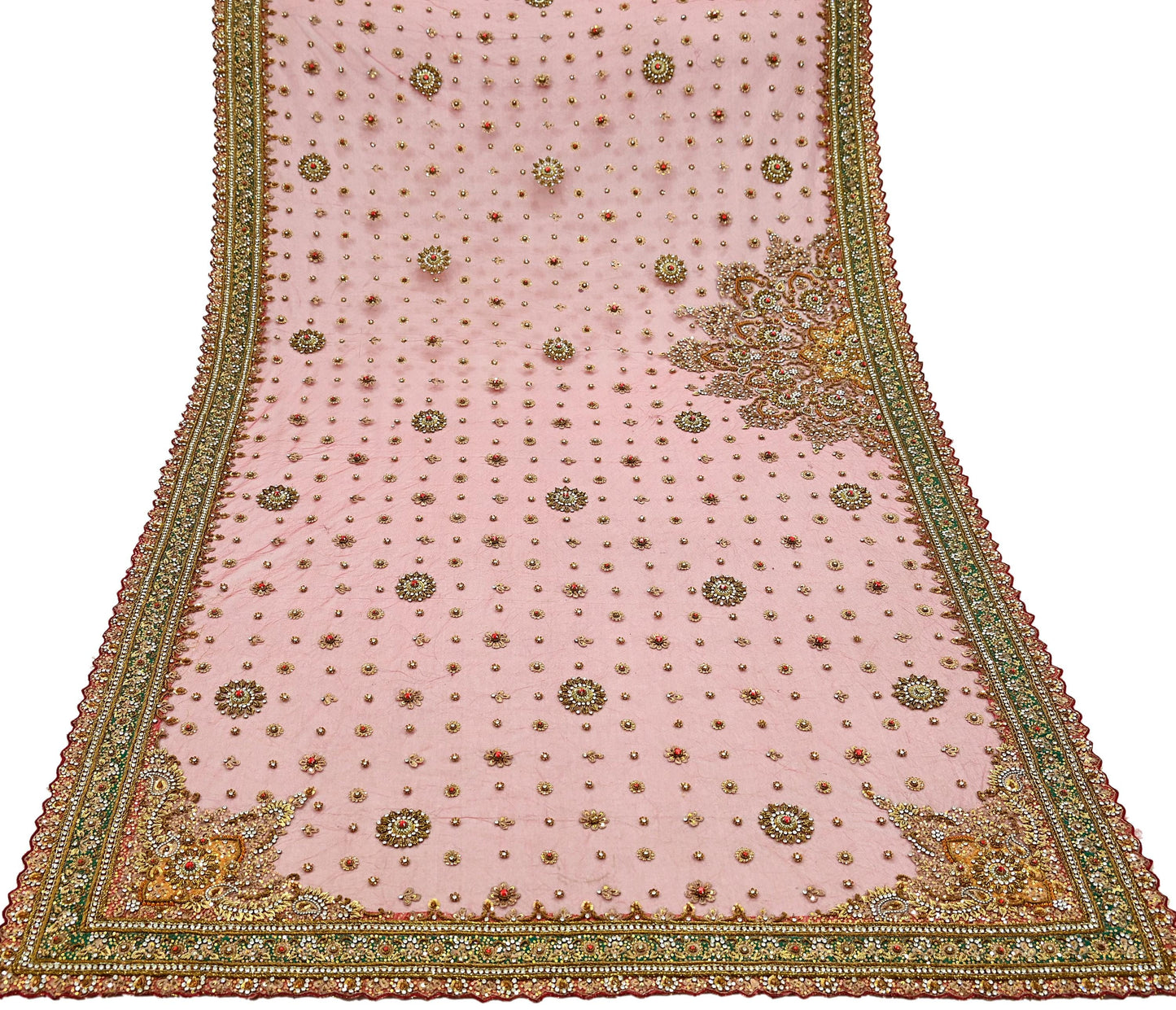 Indian Vintage Heavy Bridal Red Dupatta Net Mesh Long Stole Hand Embroidered Scarves Golden Zardozi Dabka Zari Sequins Wedding Veil Hijab