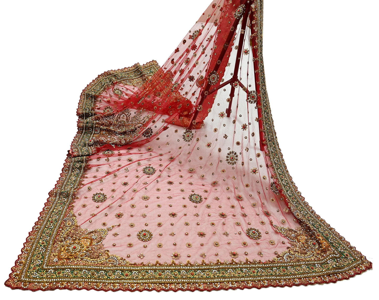 Indian Vintage Heavy Bridal Red Dupatta Net Mesh Long Stole Hand Embroidered Scarves Golden Zardozi Dabka Zari Sequins Wedding Veil Hijab