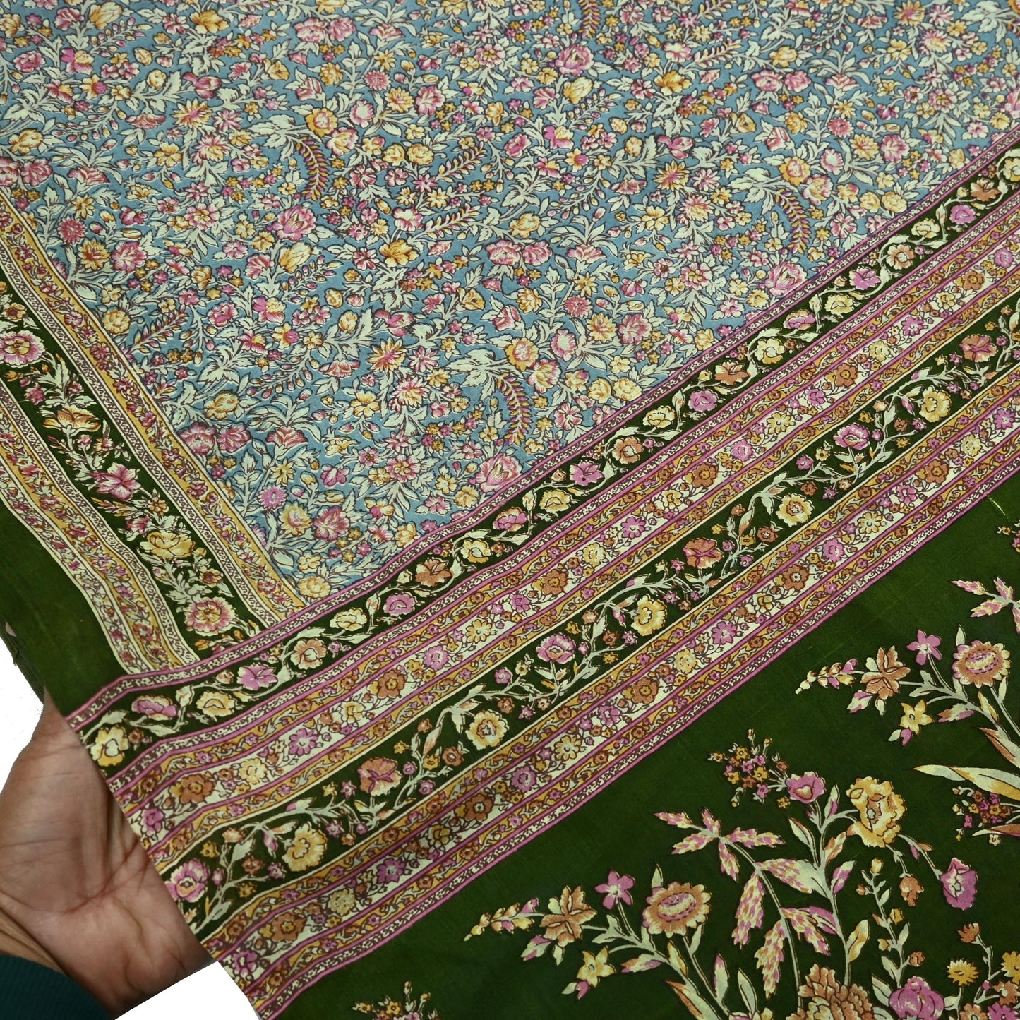 Indian Vintage Sari Green & Gray Pure Silk Printed Sarees Craft Fabric 5yd Sewing Dress Making Soft Floral Crafting Quilting Upcycle Used