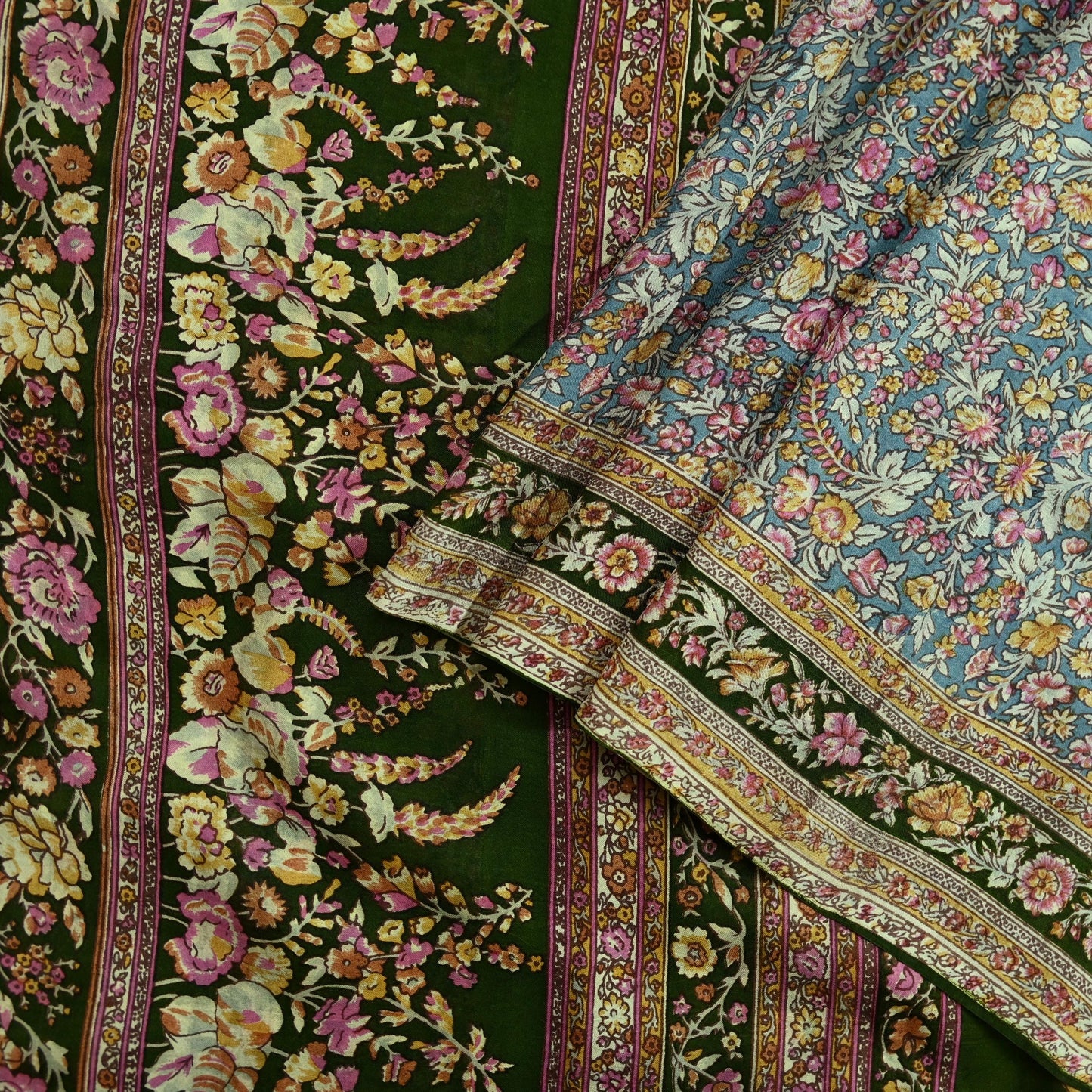 Indian Vintage Sari Green & Gray Pure Silk Printed Sarees Craft Fabric 5yd Sewing Dress Making Soft Floral Crafting Quilting Upcycle Used
